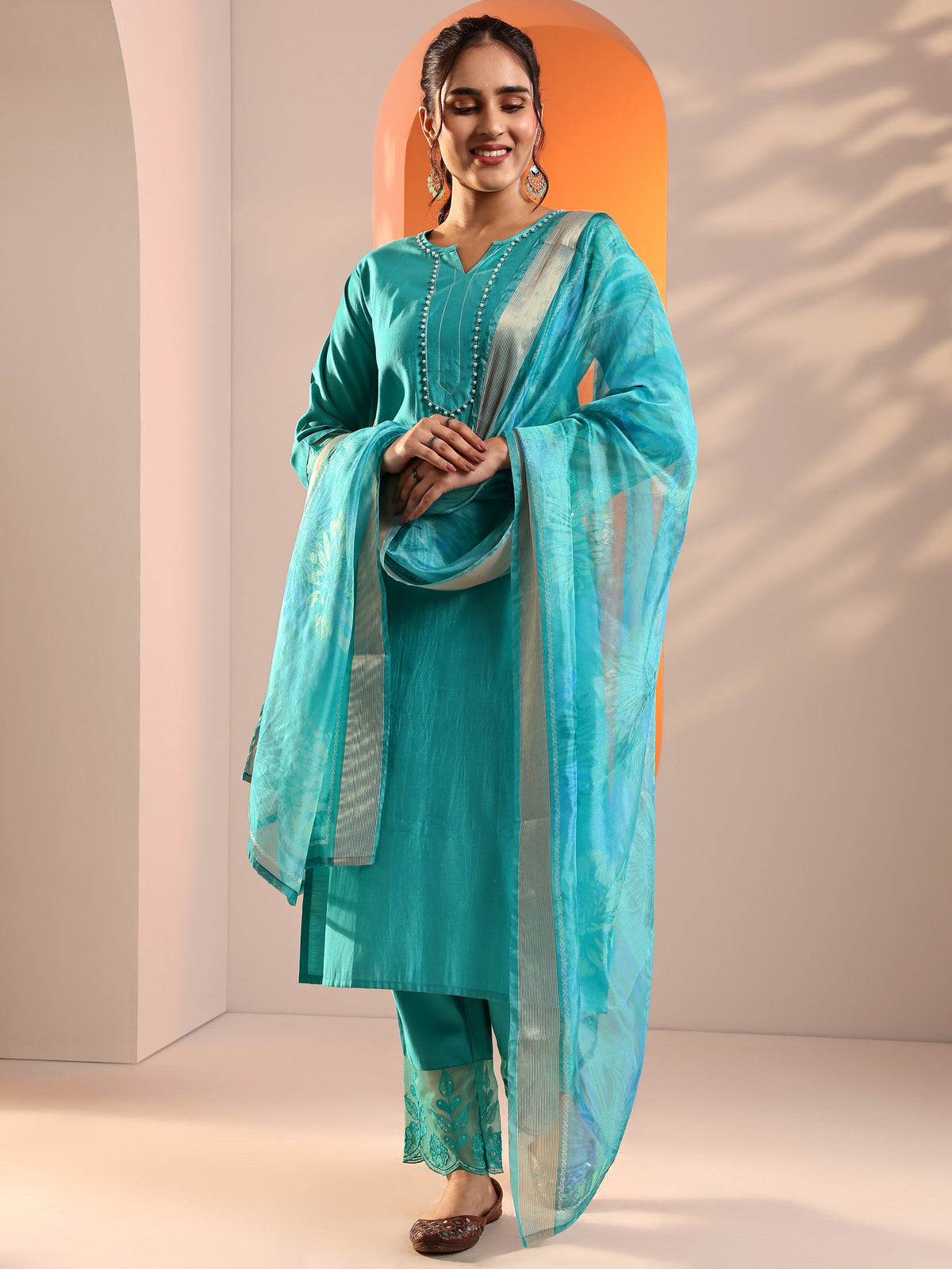 Anouk Blue Embellished Silk Blend Straight Suit Set With Dupatta
