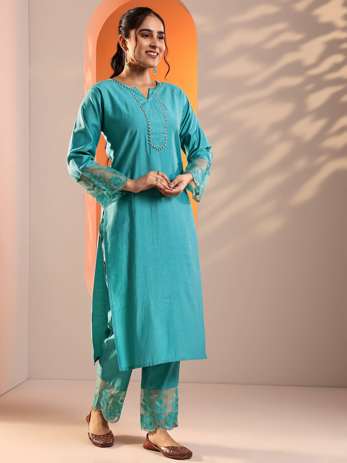 Anouk Blue Embellished Silk Blend Straight Suit Set With Dupatta