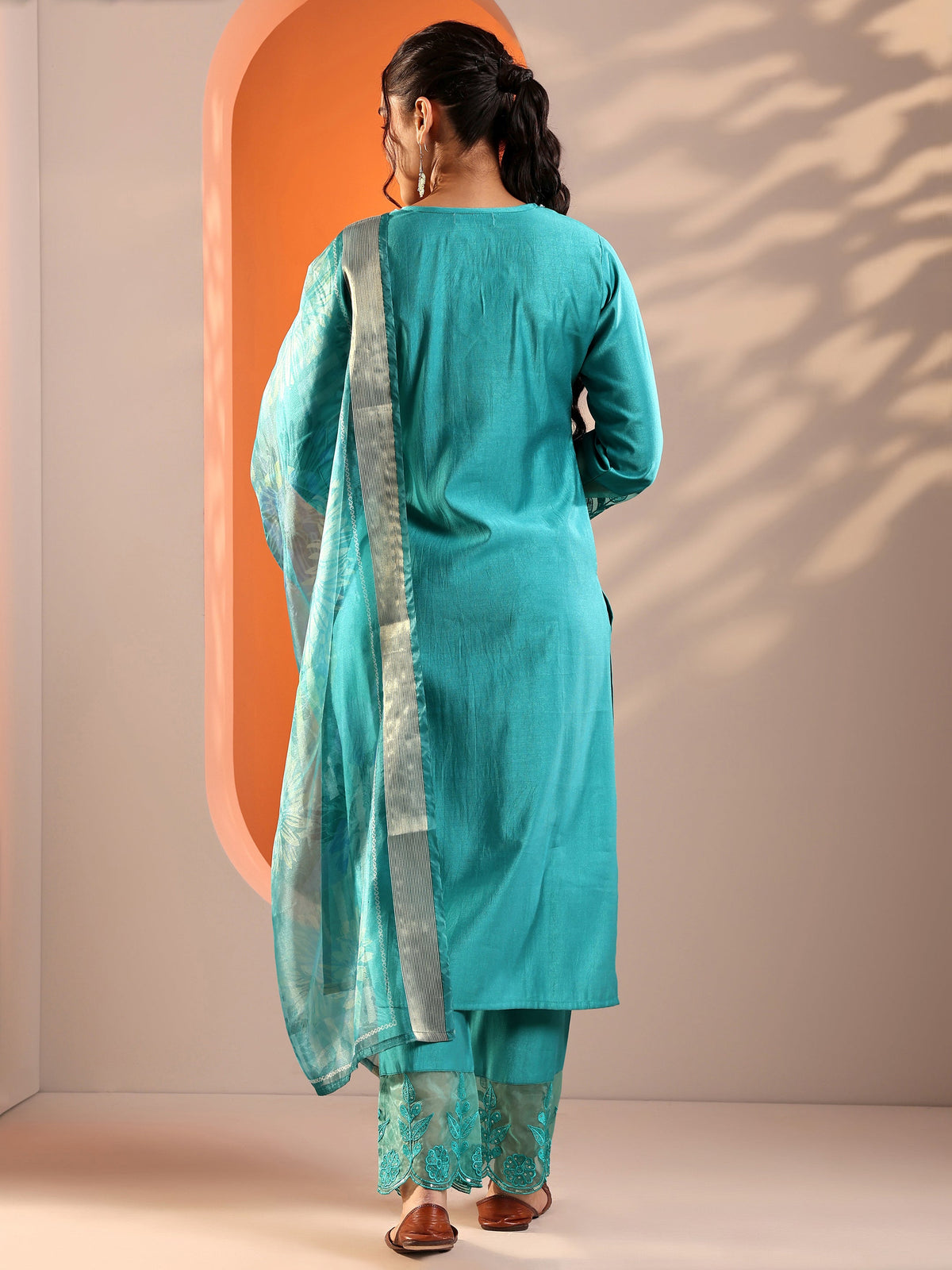 Anouk Blue Embellished Silk Blend Straight Suit Set With Dupatta
