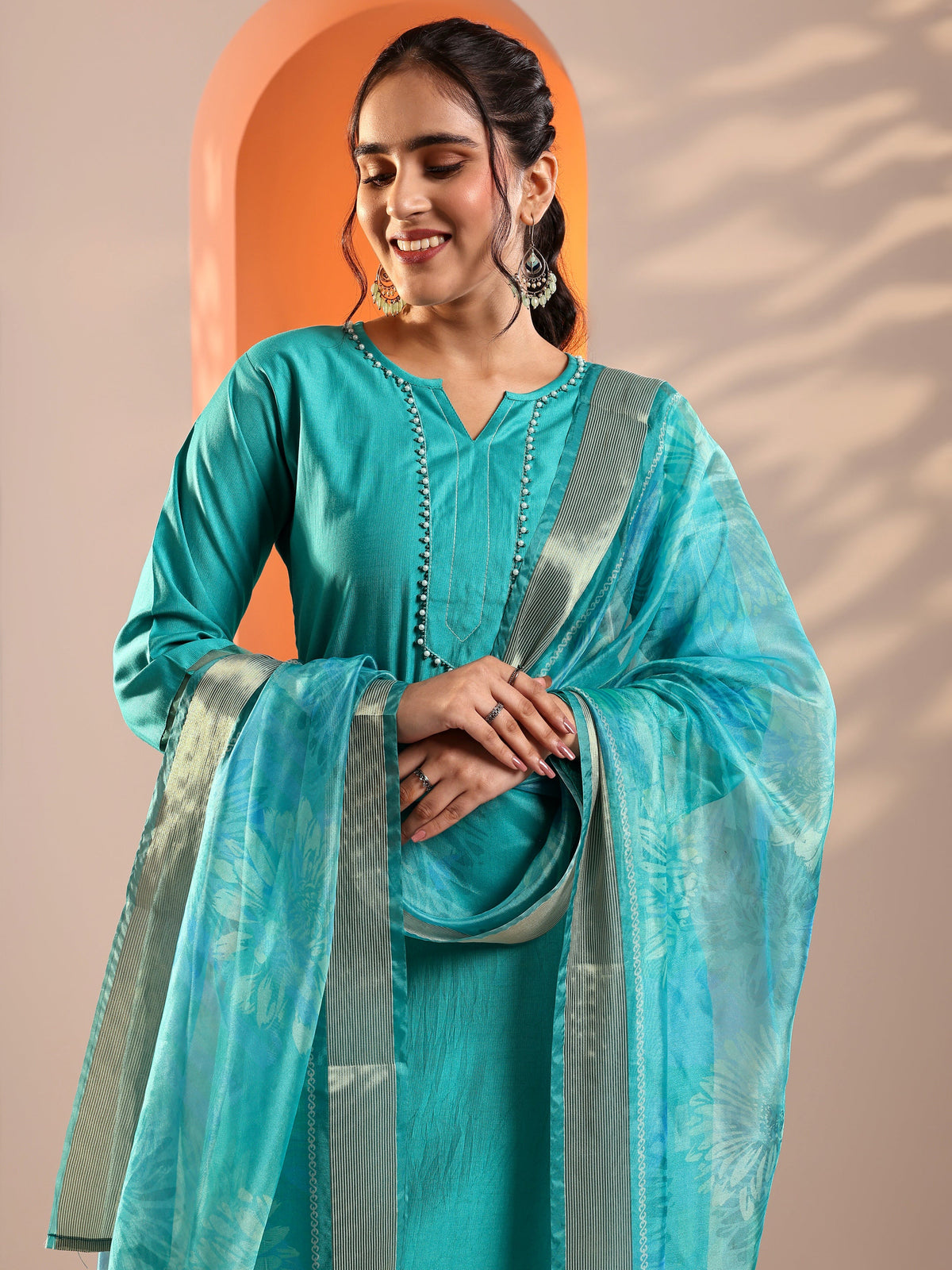 Anouk Blue Embellished Silk Blend Straight Suit Set With Dupatta