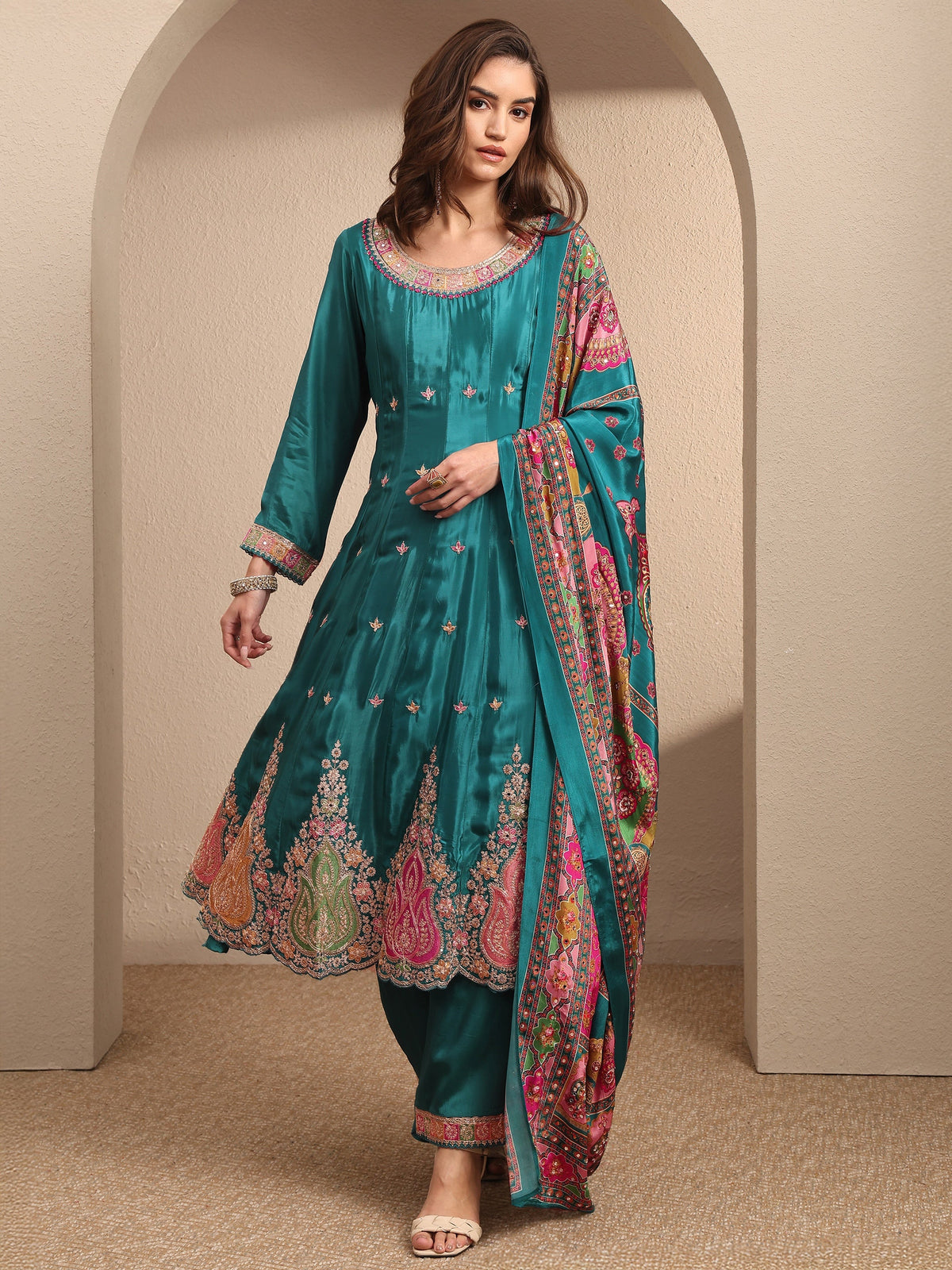 Anouk Art Blue Embroidered Crepe Anarkali Suit Set With Dupatta