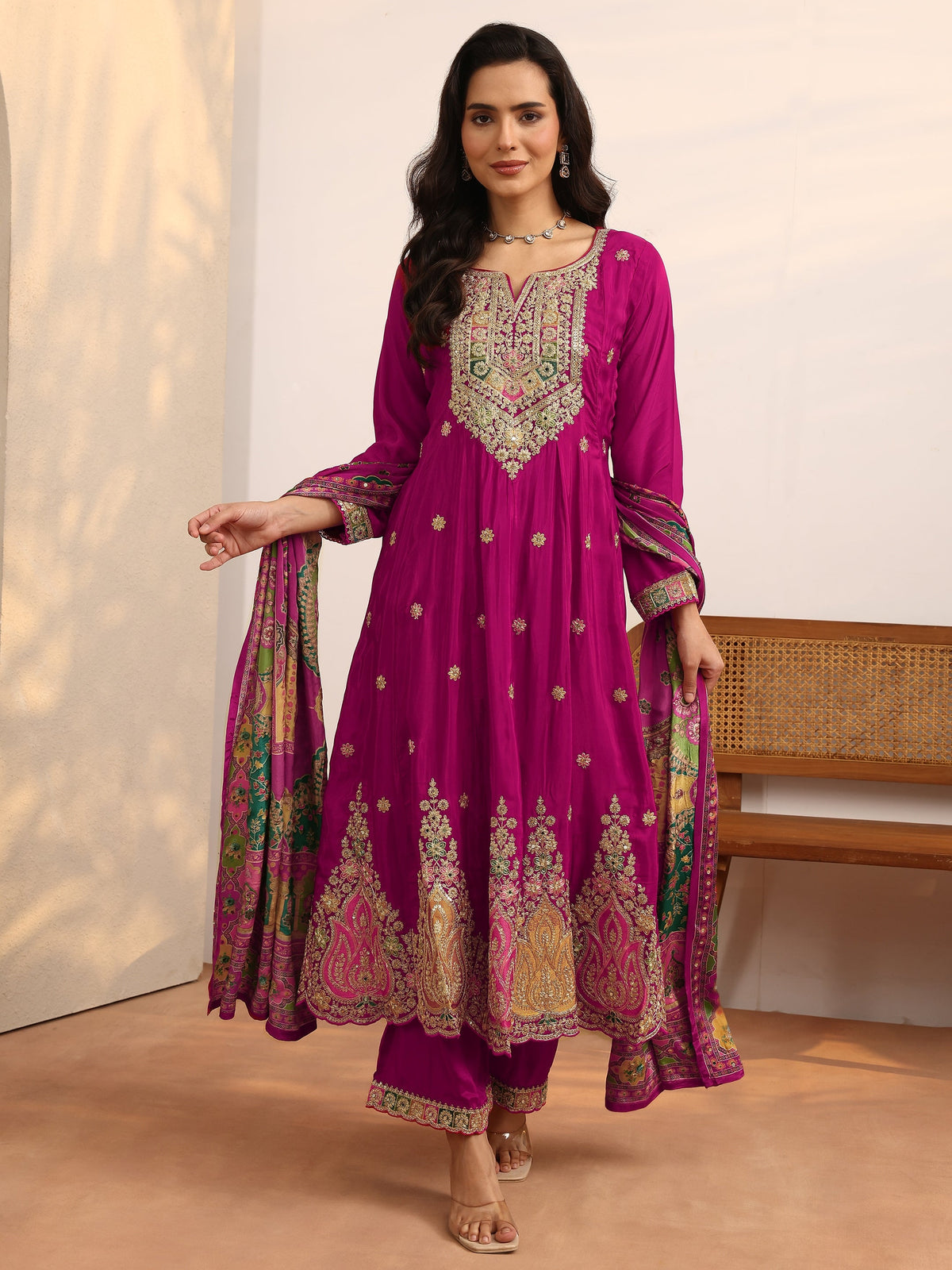 Anouk Art Pink Embroidered Crepe Anarkali Suit Set With Dupatta