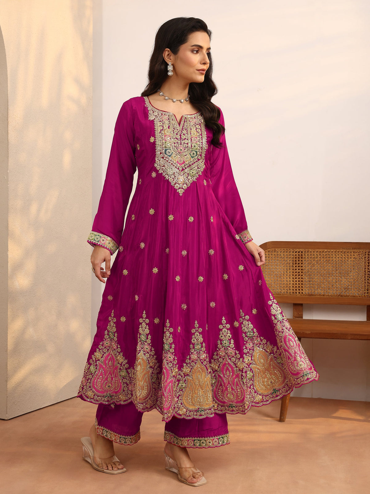 Anouk Art Pink Embroidered Crepe Anarkali Suit Set With Dupatta