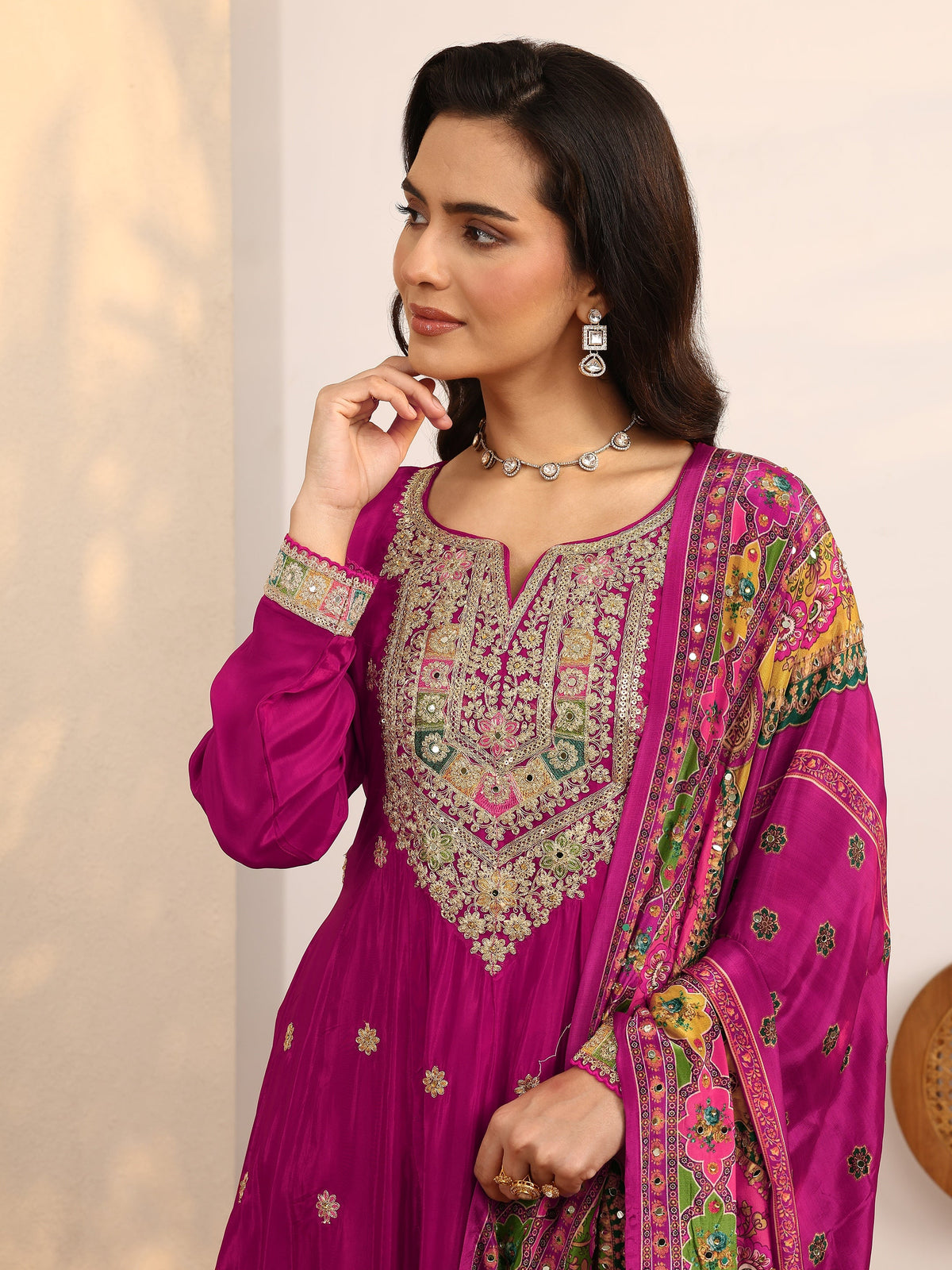 Anouk Art Pink Embroidered Crepe Anarkali Suit Set With Dupatta