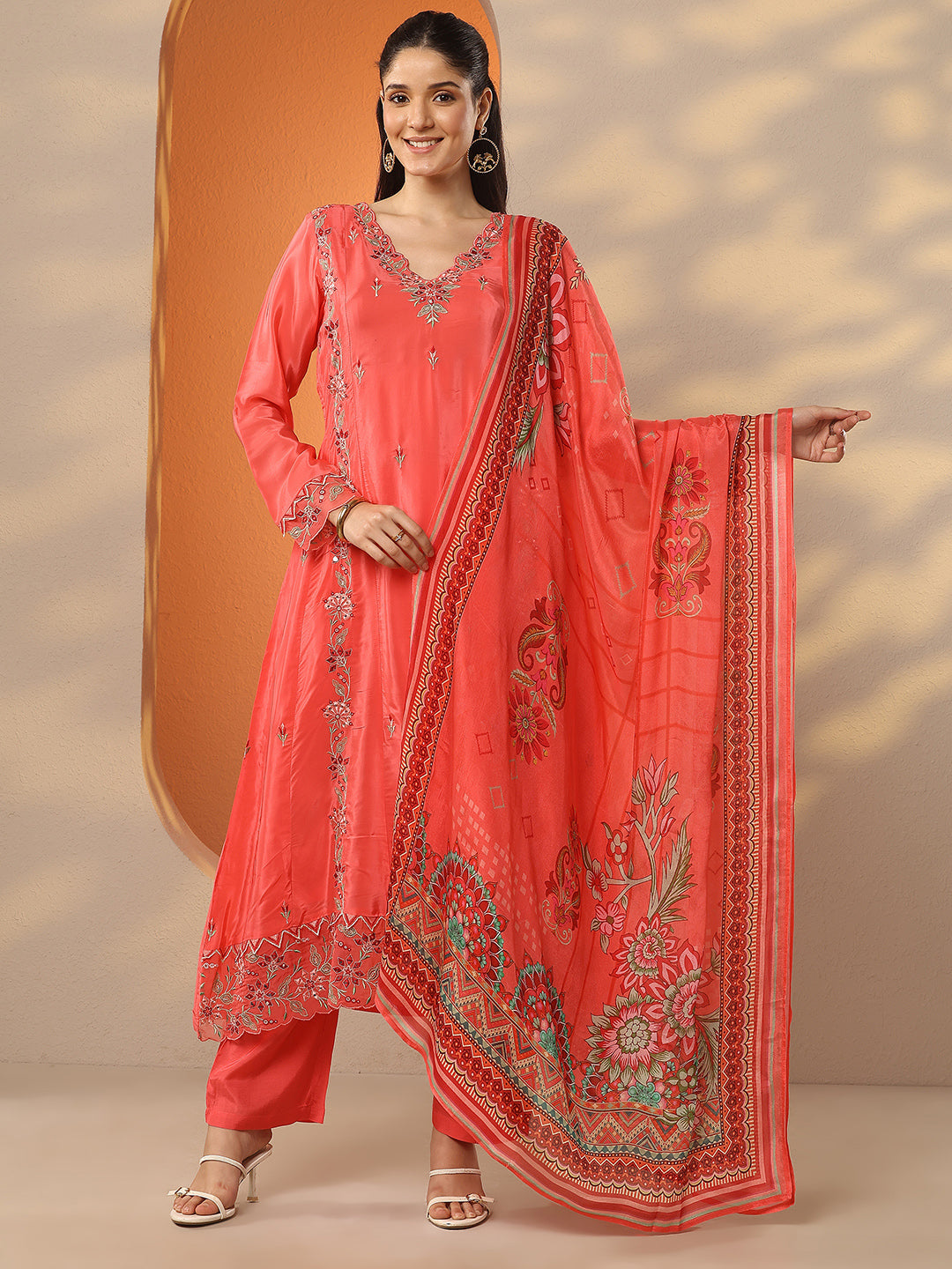 Anouk Coral Embroidered Crepe A-Line Suit Set With Dupatta