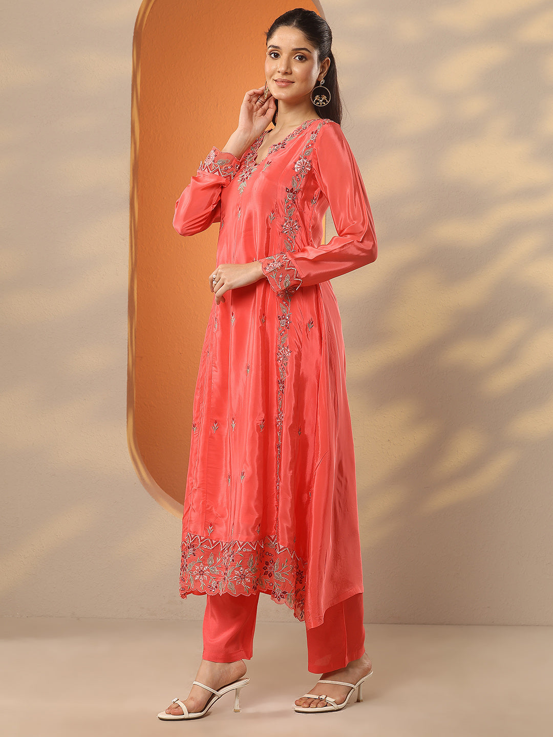 Anouk Coral Embroidered Crepe A-Line Suit Set With Dupatta