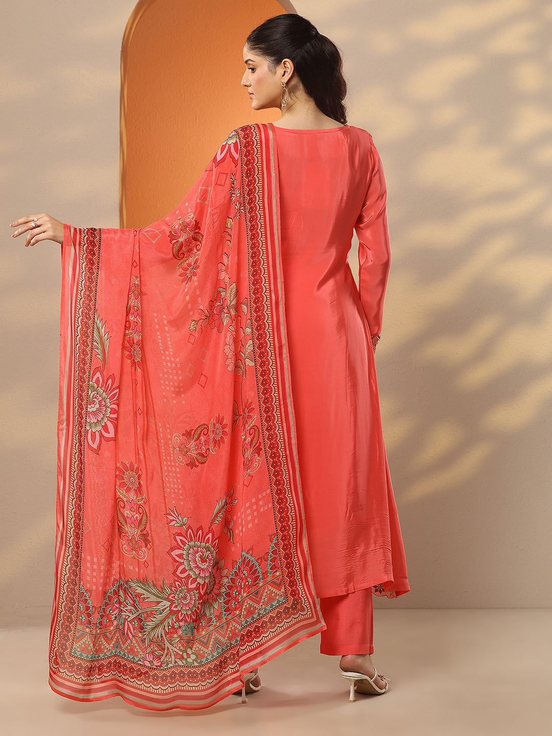 Anouk Coral Embroidered Crepe A-Line Suit Set With Dupatta