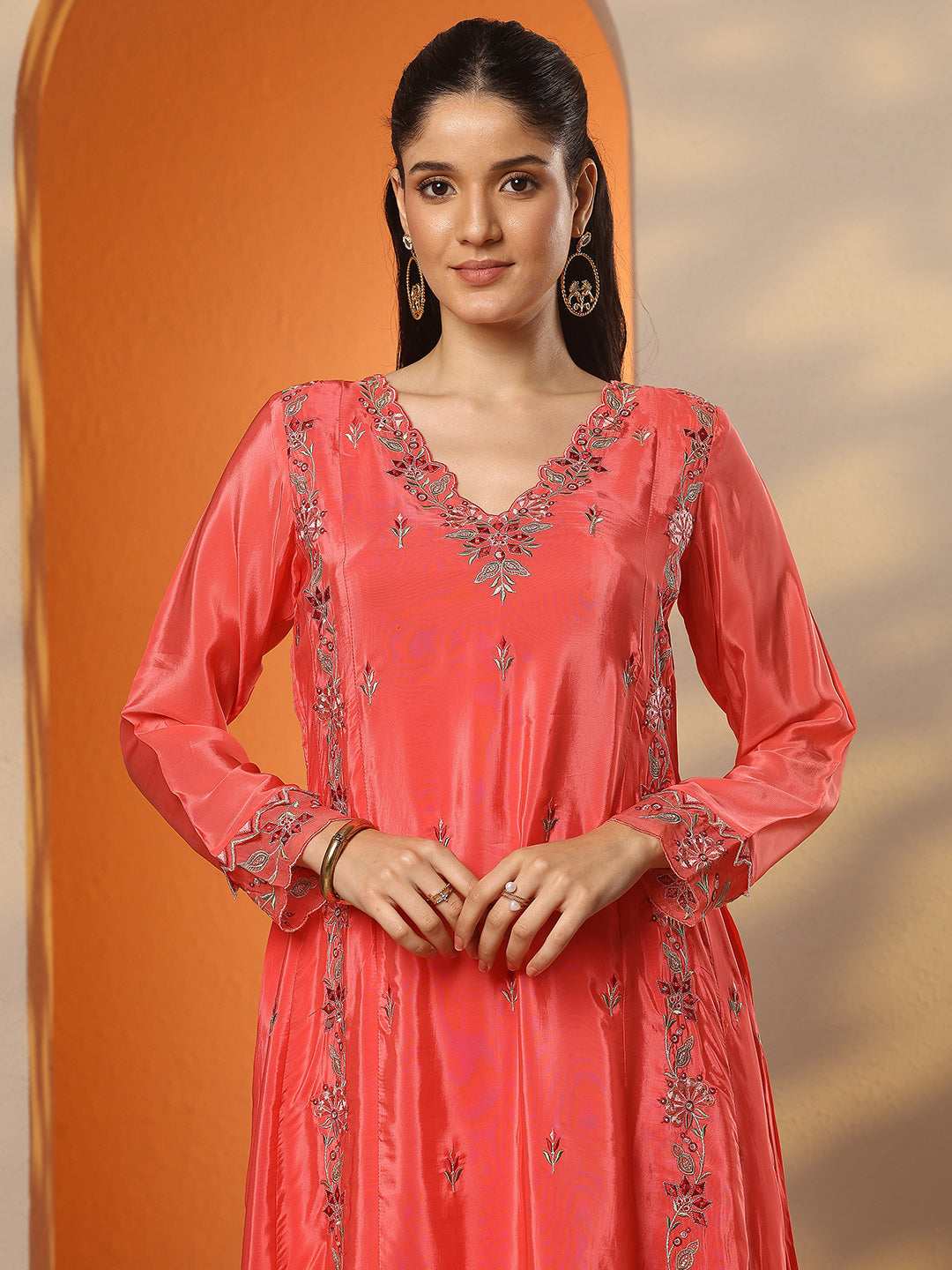 Anouk Coral Embroidered Crepe A-Line Suit Set With Dupatta