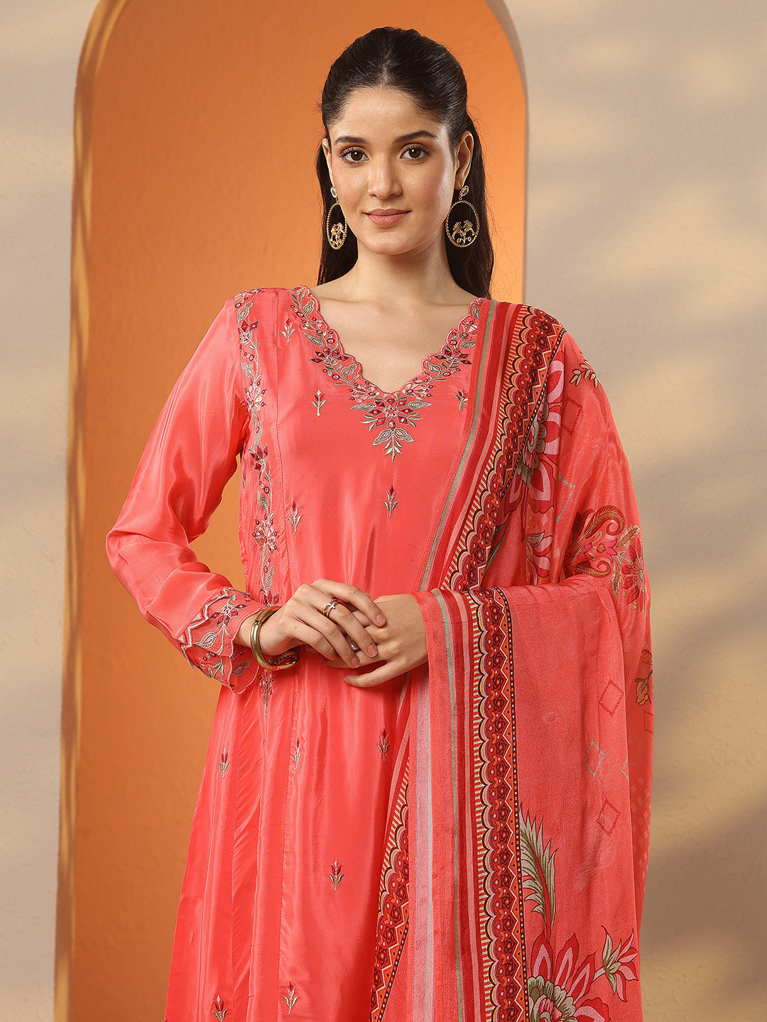 Anouk Coral Embroidered Crepe A-Line Suit Set With Dupatta