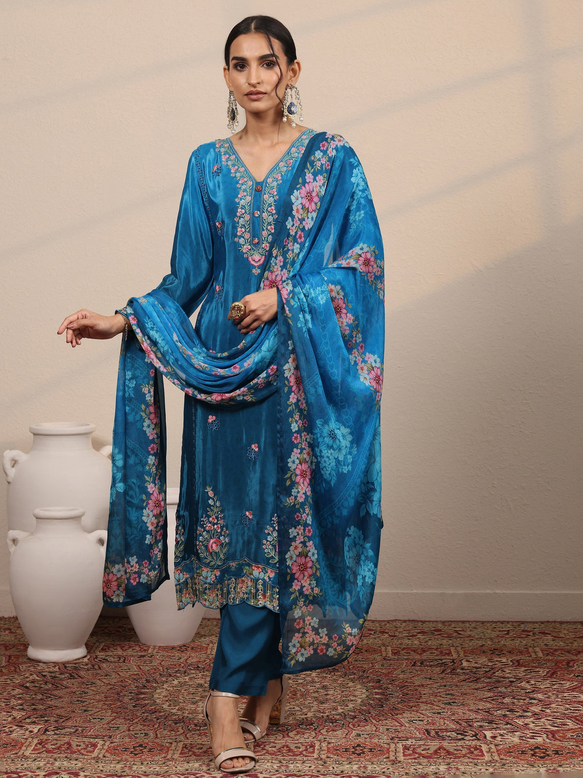 Anouk Blue Embroidered Crepe Straight Suit Set With Dupatta