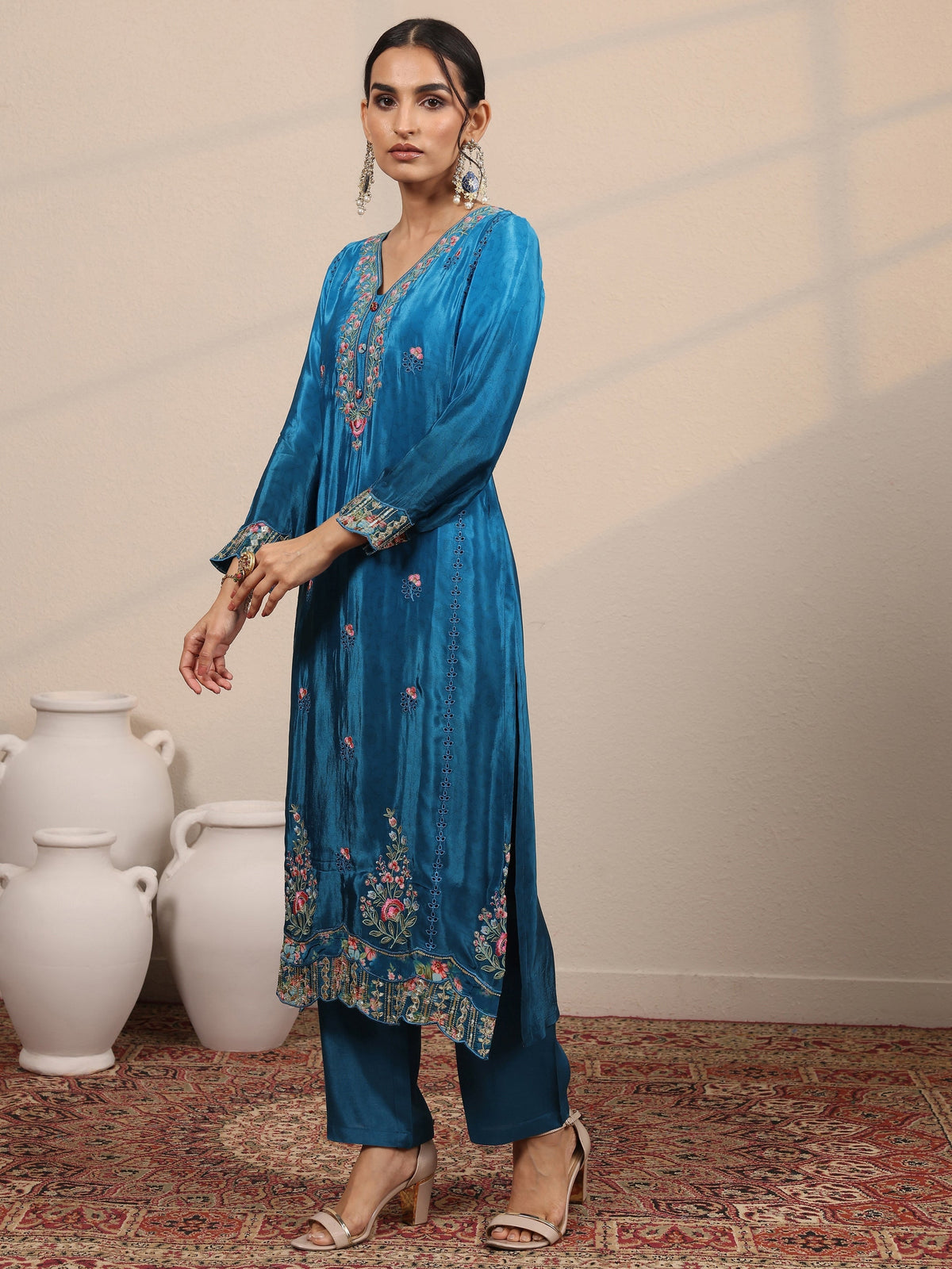 Anouk Blue Embroidered Crepe Straight Suit Set With Dupatta