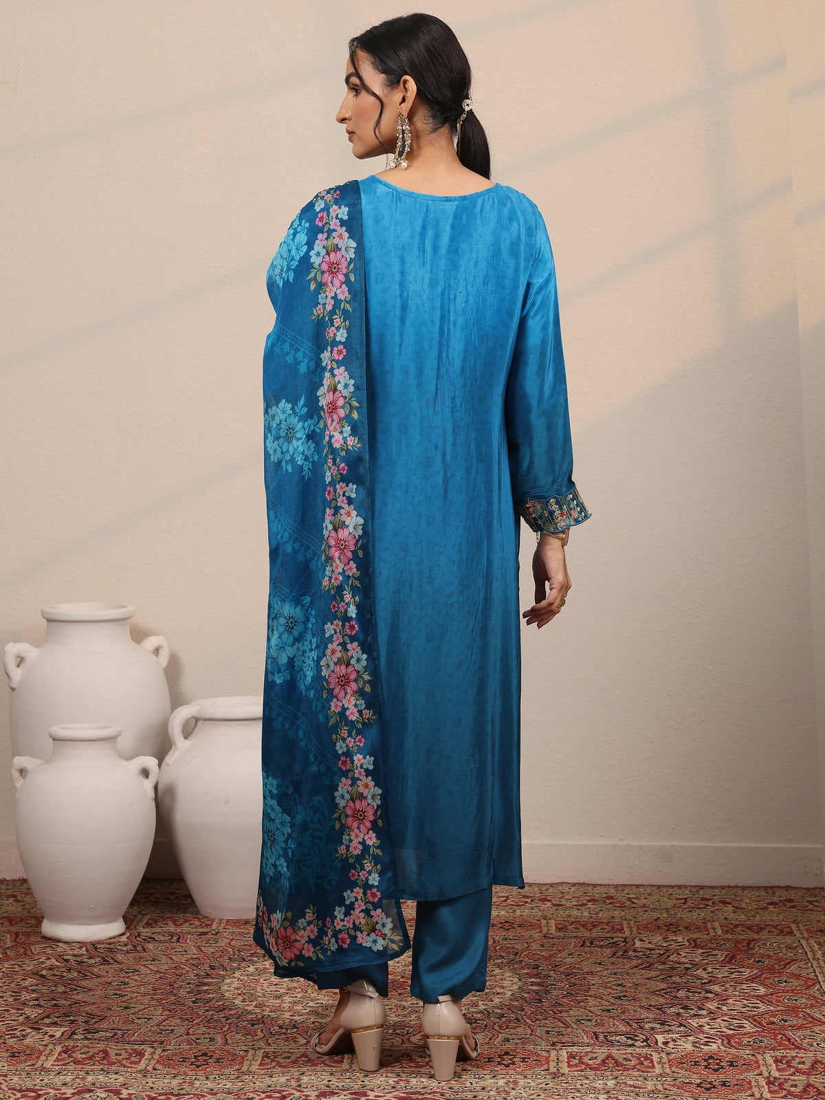 Anouk Blue Embroidered Crepe Straight Suit Set With Dupatta
