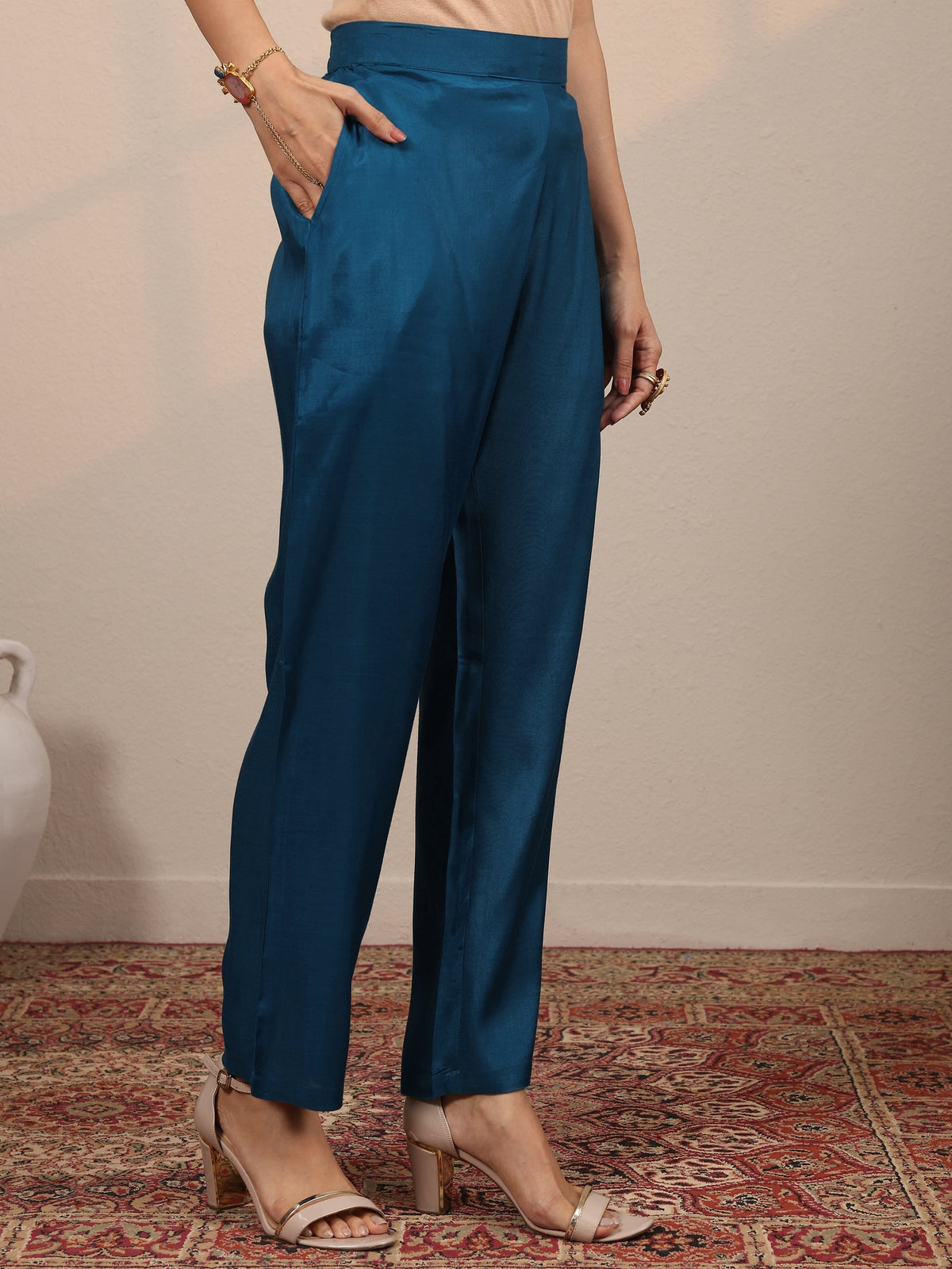Anouk Blue Embroidered Crepe Straight Suit Set With Dupatta