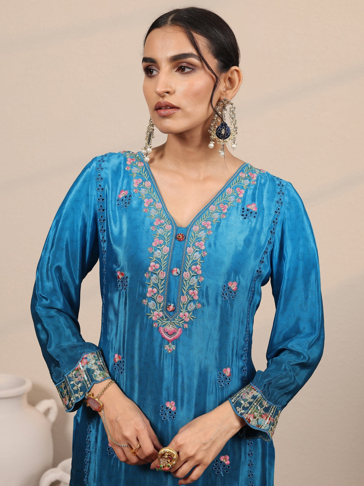 Anouk Blue Embroidered Crepe Straight Suit Set With Dupatta