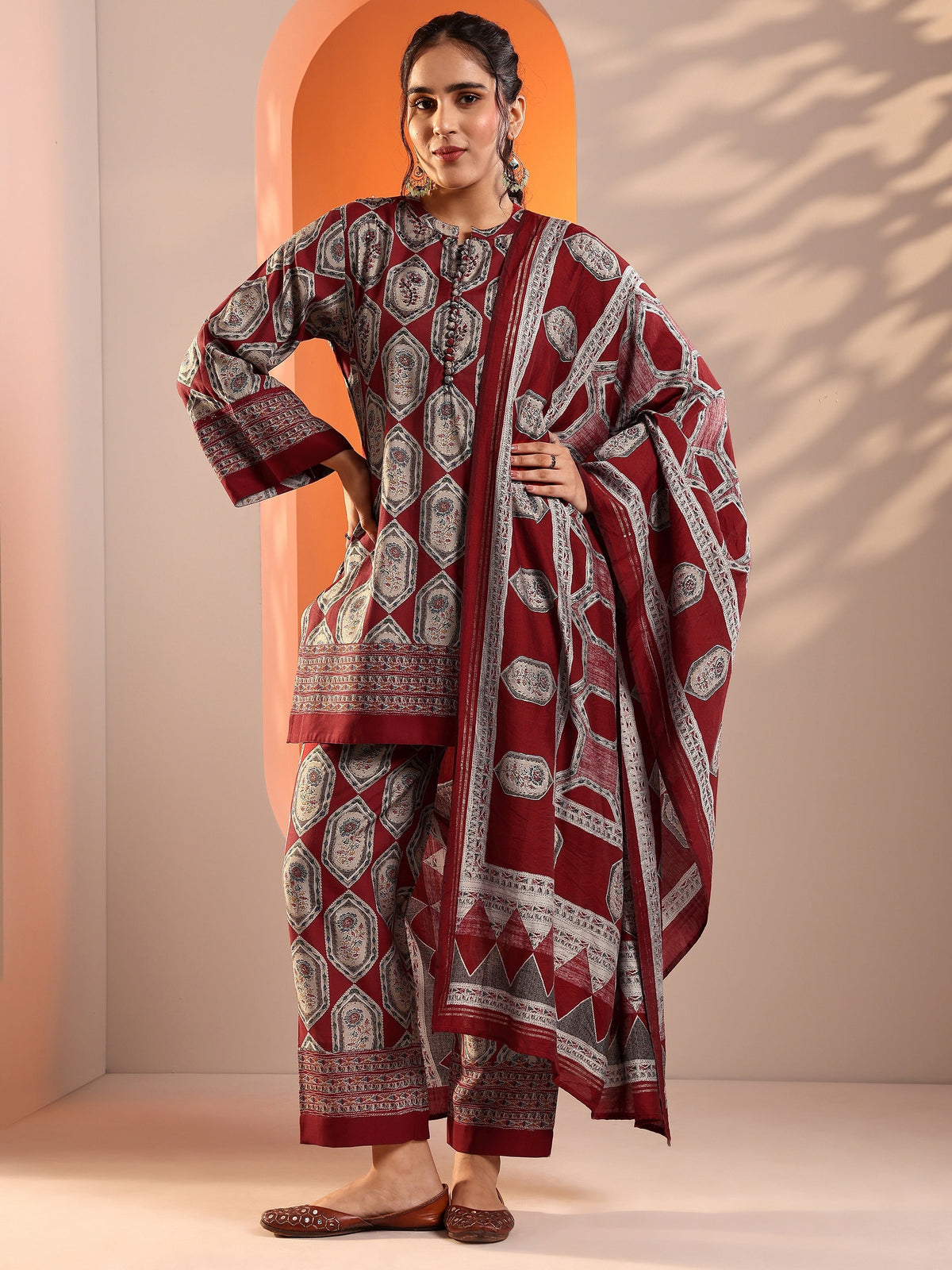 Anouk Red Embellished Silk Blend Straight Suit Set With Dupatta