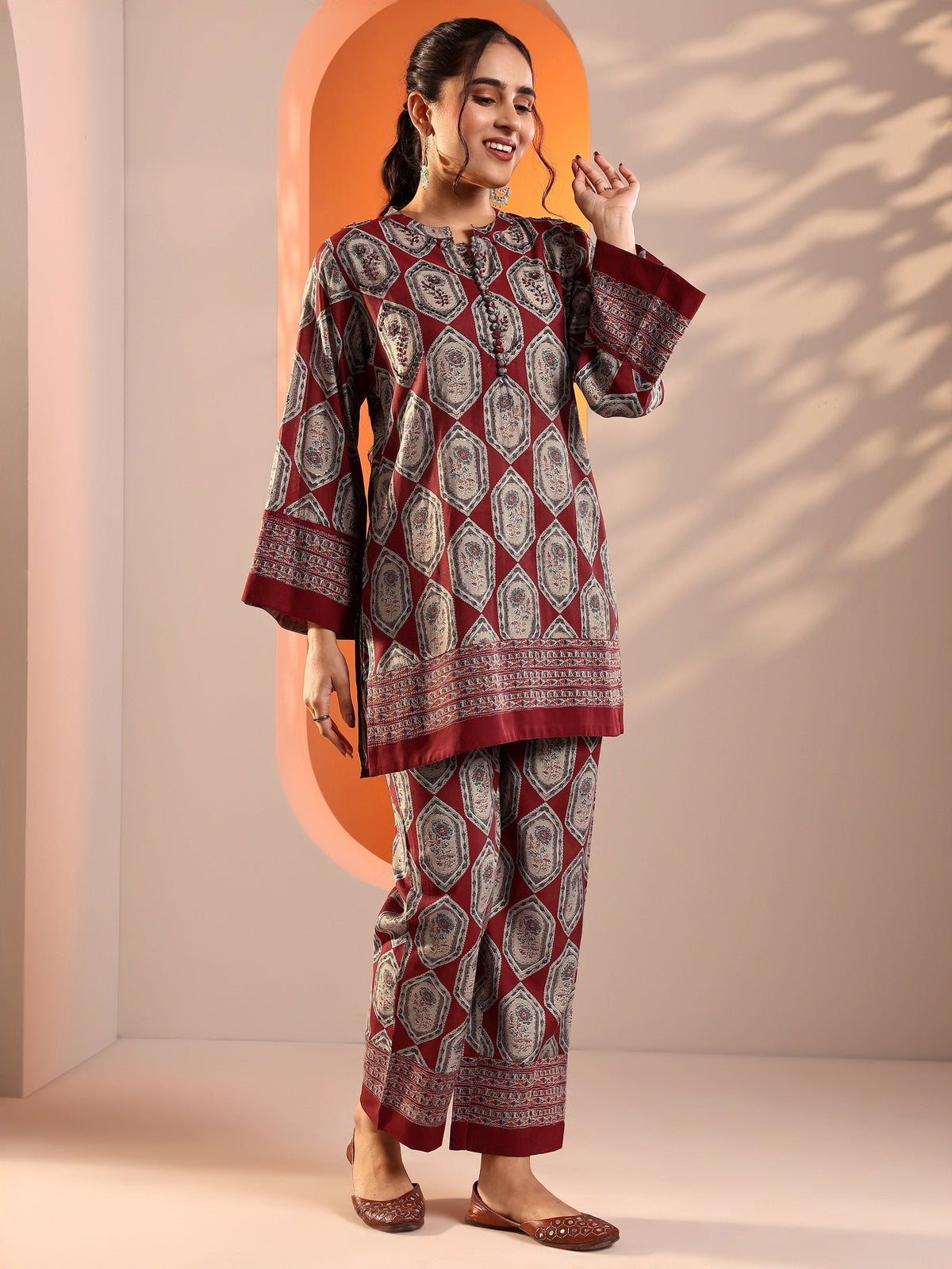 Anouk Red Embellished Silk Blend Straight Suit Set With Dupatta