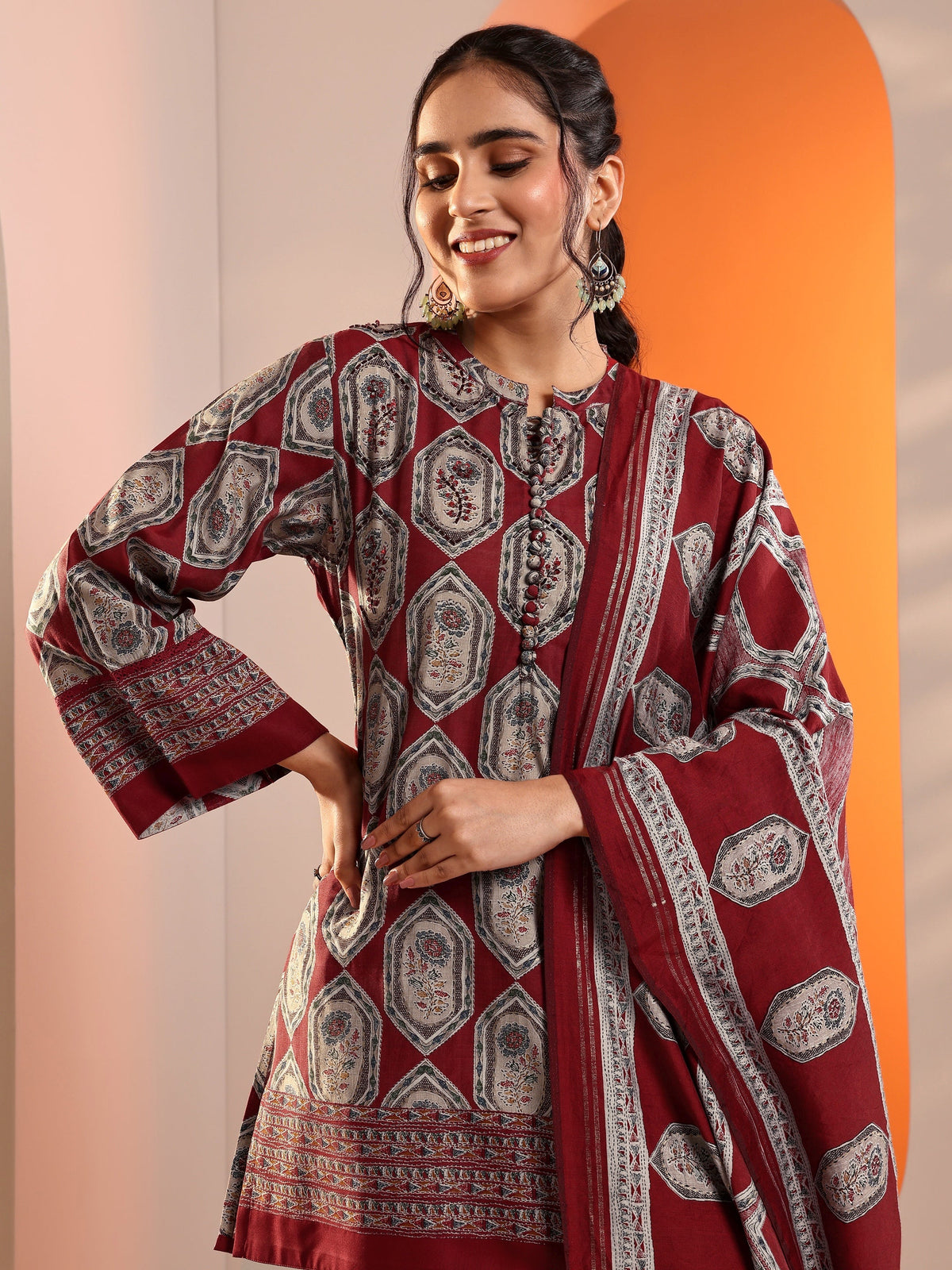 Anouk Red Embellished Silk Blend Straight Suit Set With Dupatta