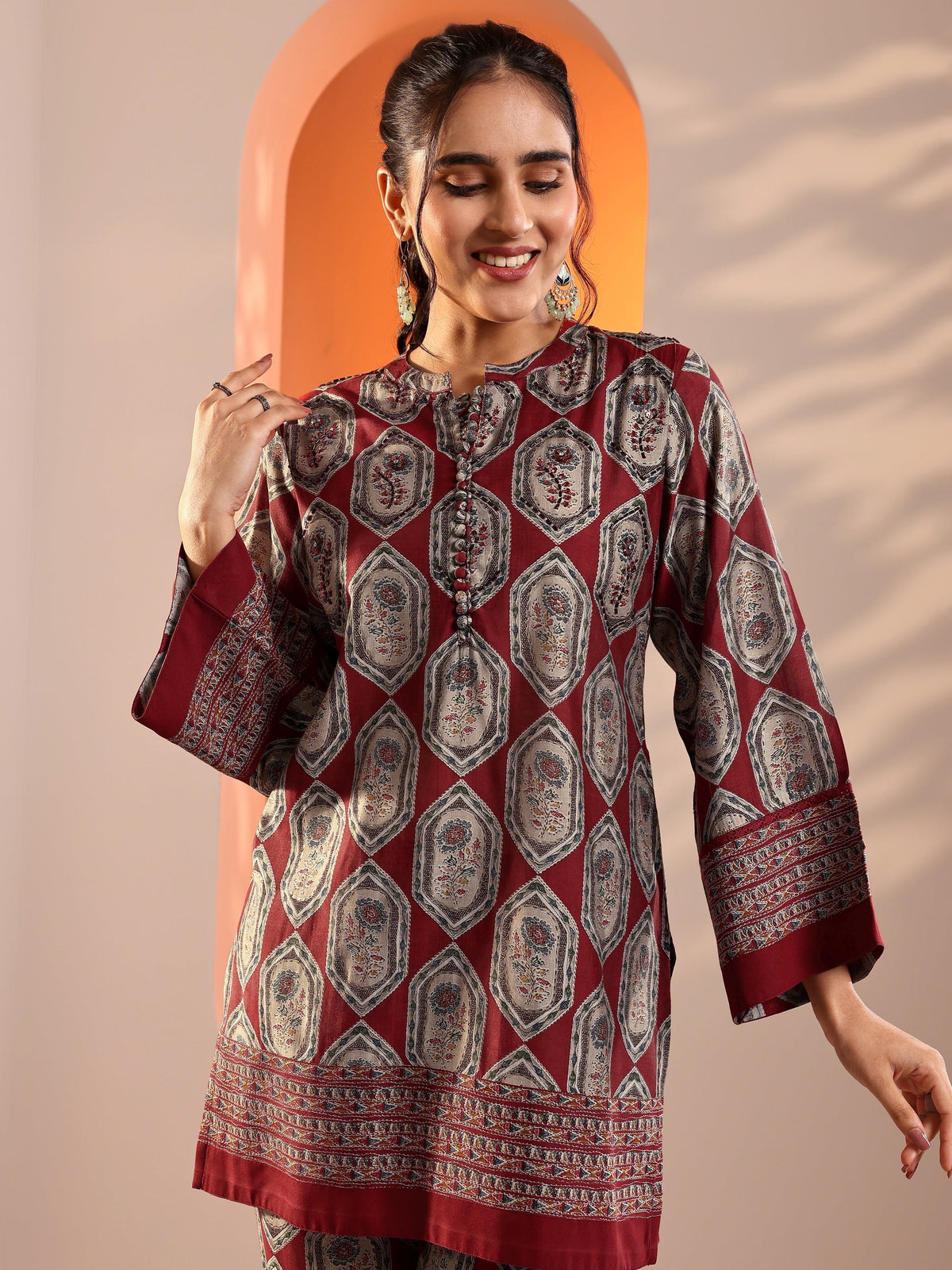 Anouk Red Embellished Silk Blend Straight Suit Set With Dupatta
