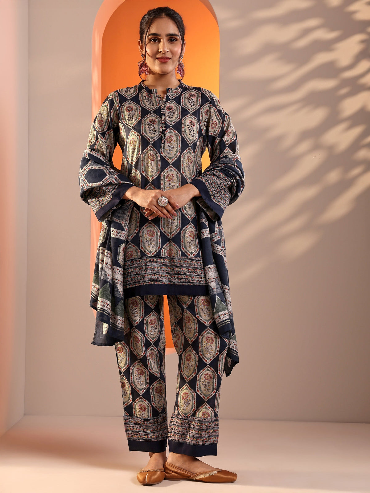 Anouk Navy Blue Embellished Silk Blend Straight Suit Set With Dupatta