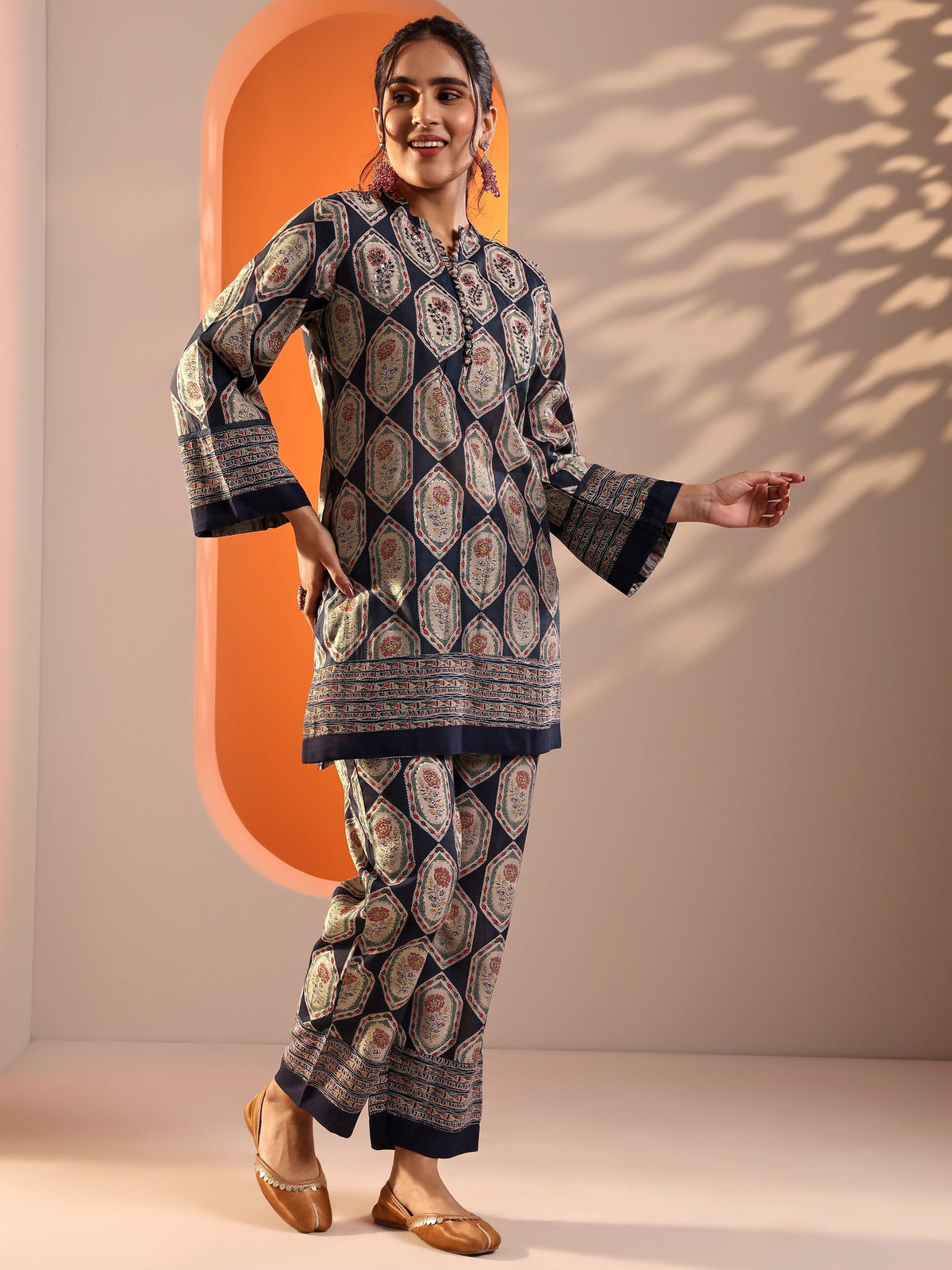 Anouk Navy Blue Embellished Silk Blend Straight Suit Set With Dupatta