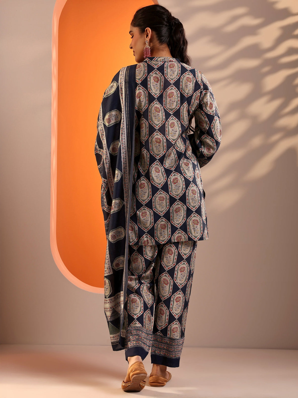 Anouk Navy Blue Embellished Silk Blend Straight Suit Set With Dupatta