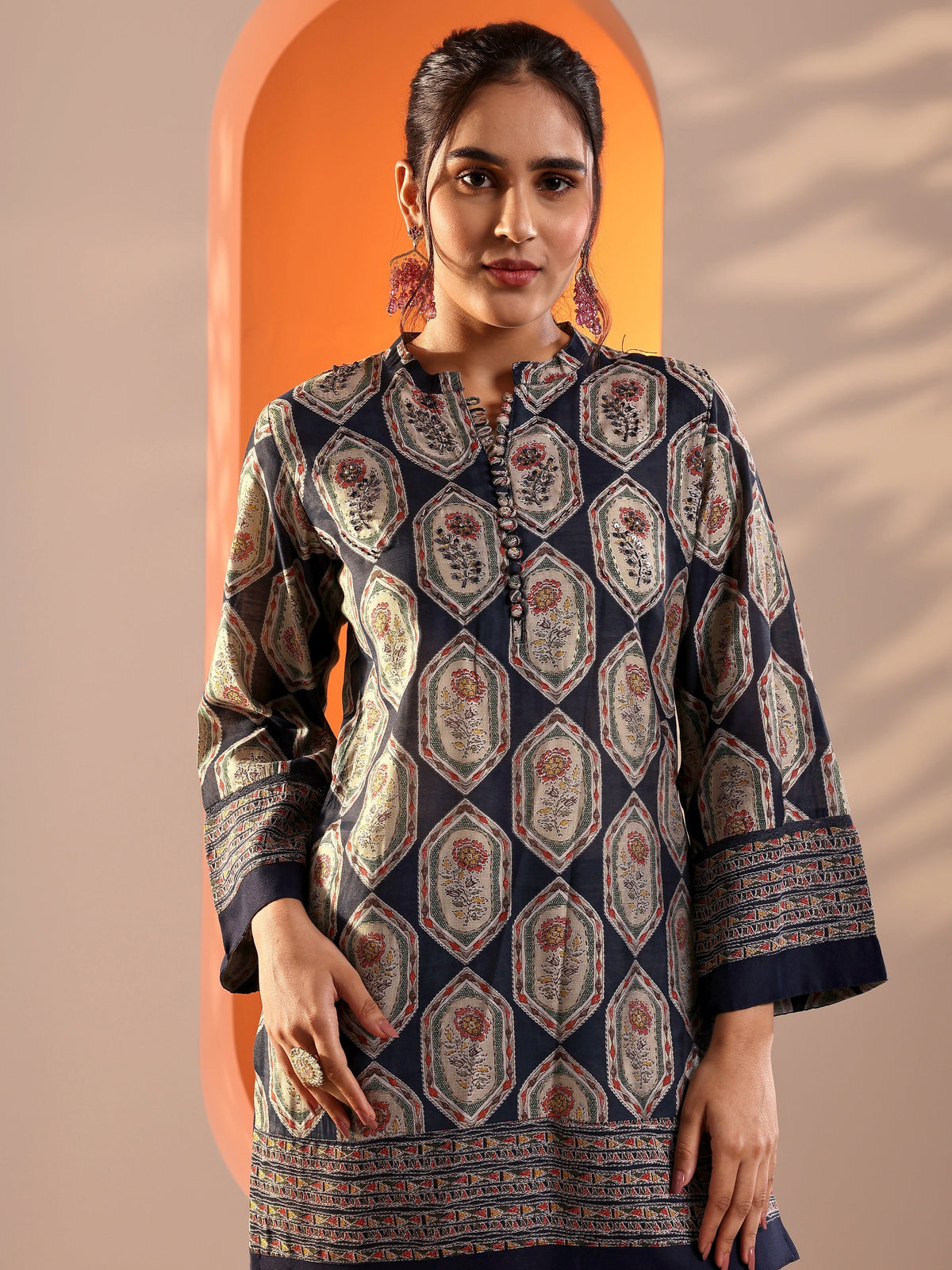 Anouk Navy Blue Embellished Silk Blend Straight Suit Set With Dupatta
