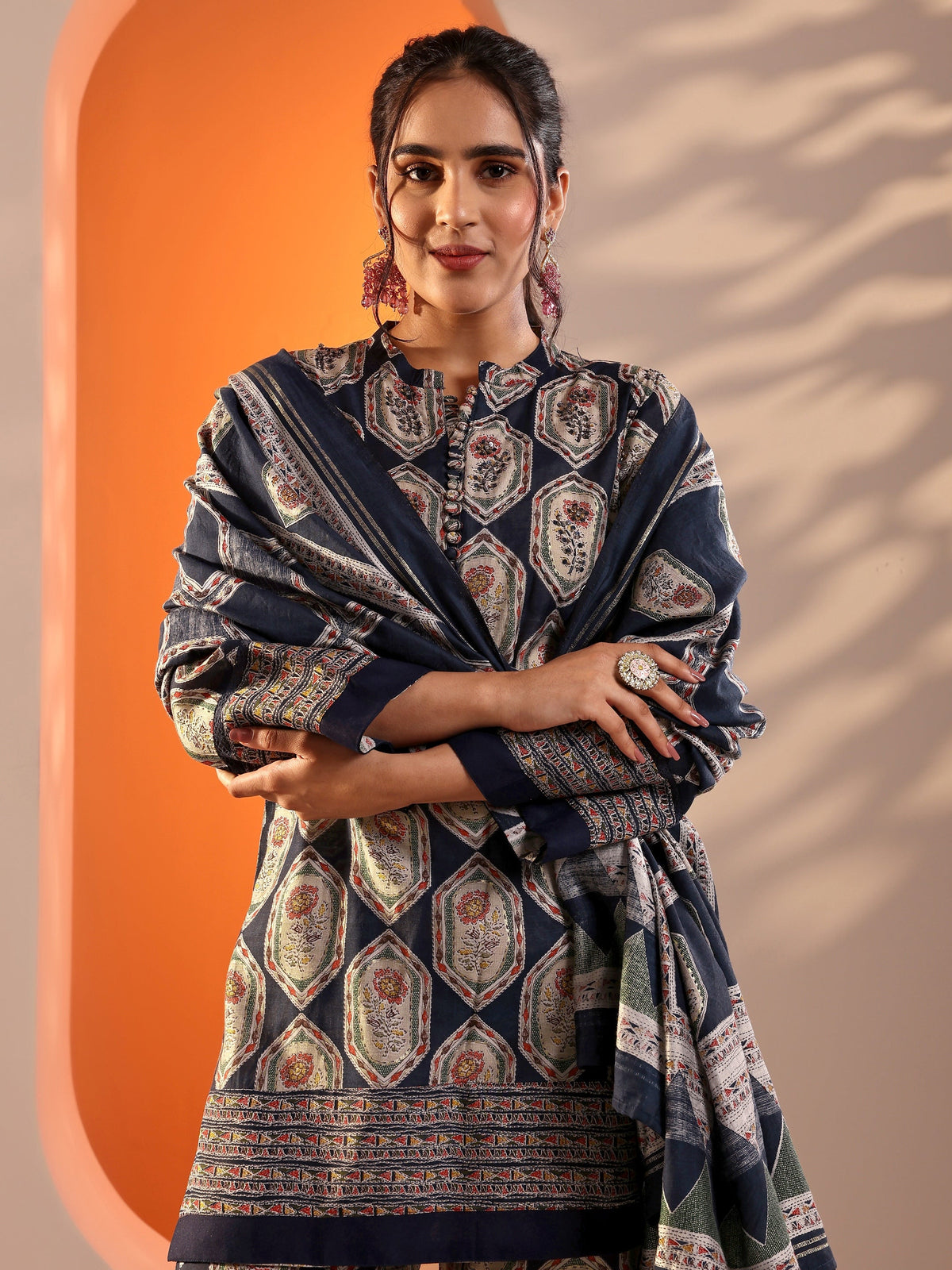 Anouk Navy Blue Embellished Silk Blend Straight Suit Set With Dupatta