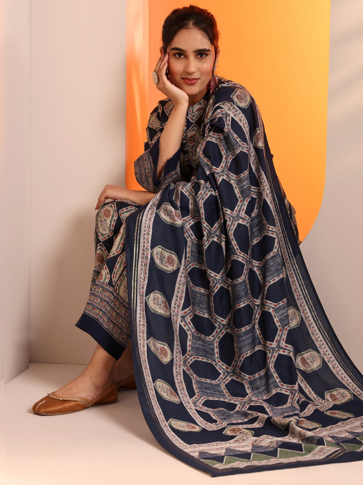 Anouk Navy Blue Embellished Silk Blend Straight Suit Set With Dupatta
