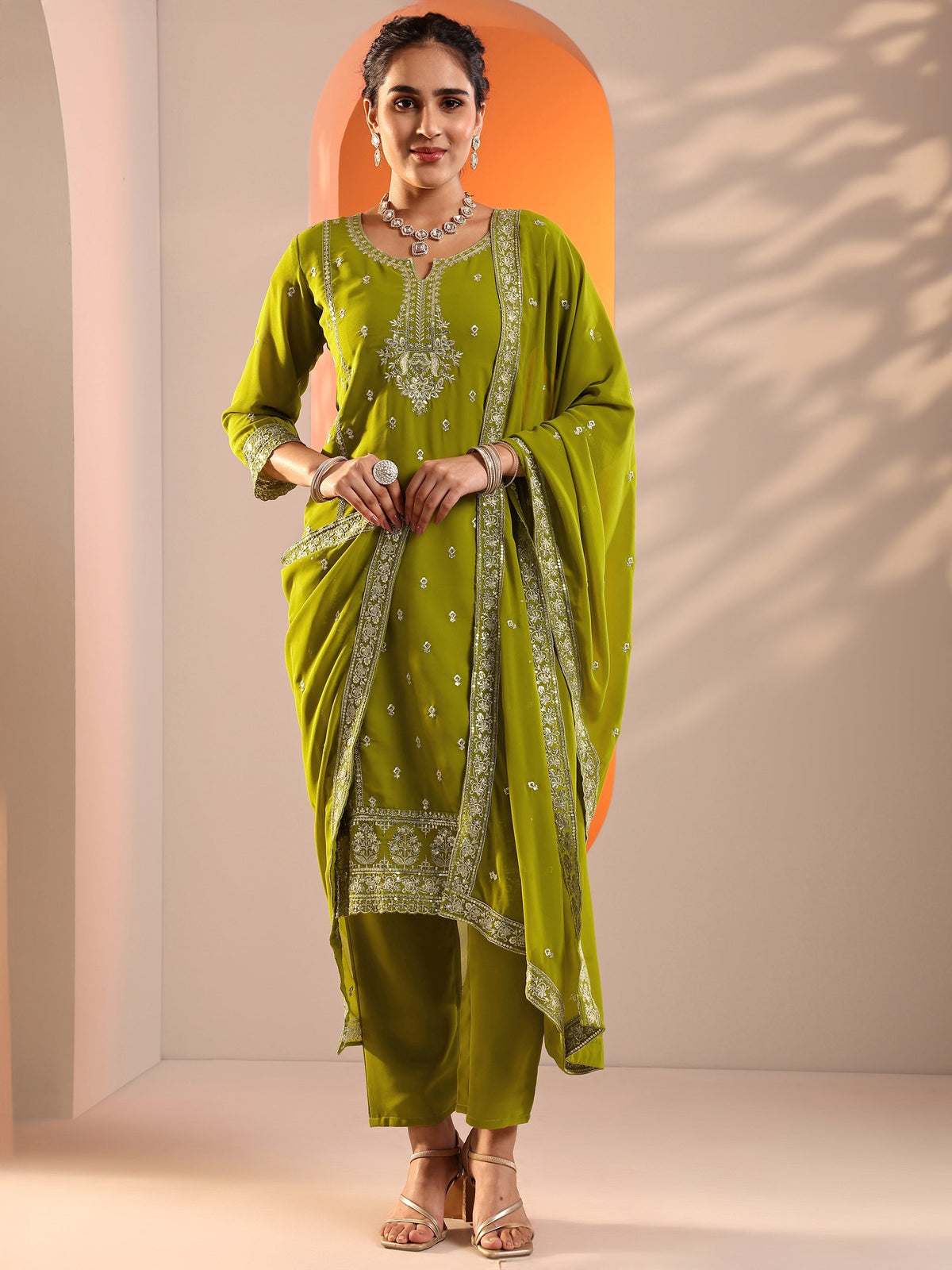 Anouk Green Embellished Georgette Straight Suit Set With Dupatta