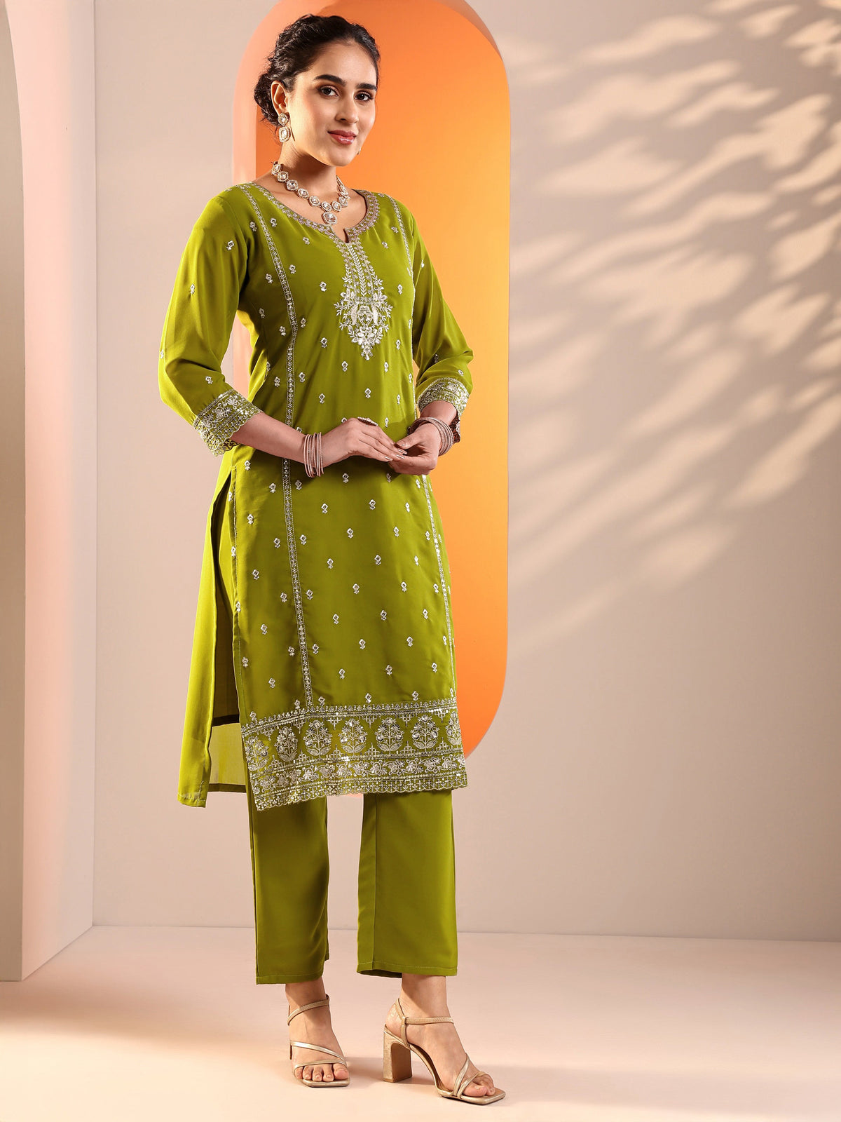 Anouk Green Embellished Georgette Straight Suit Set With Dupatta