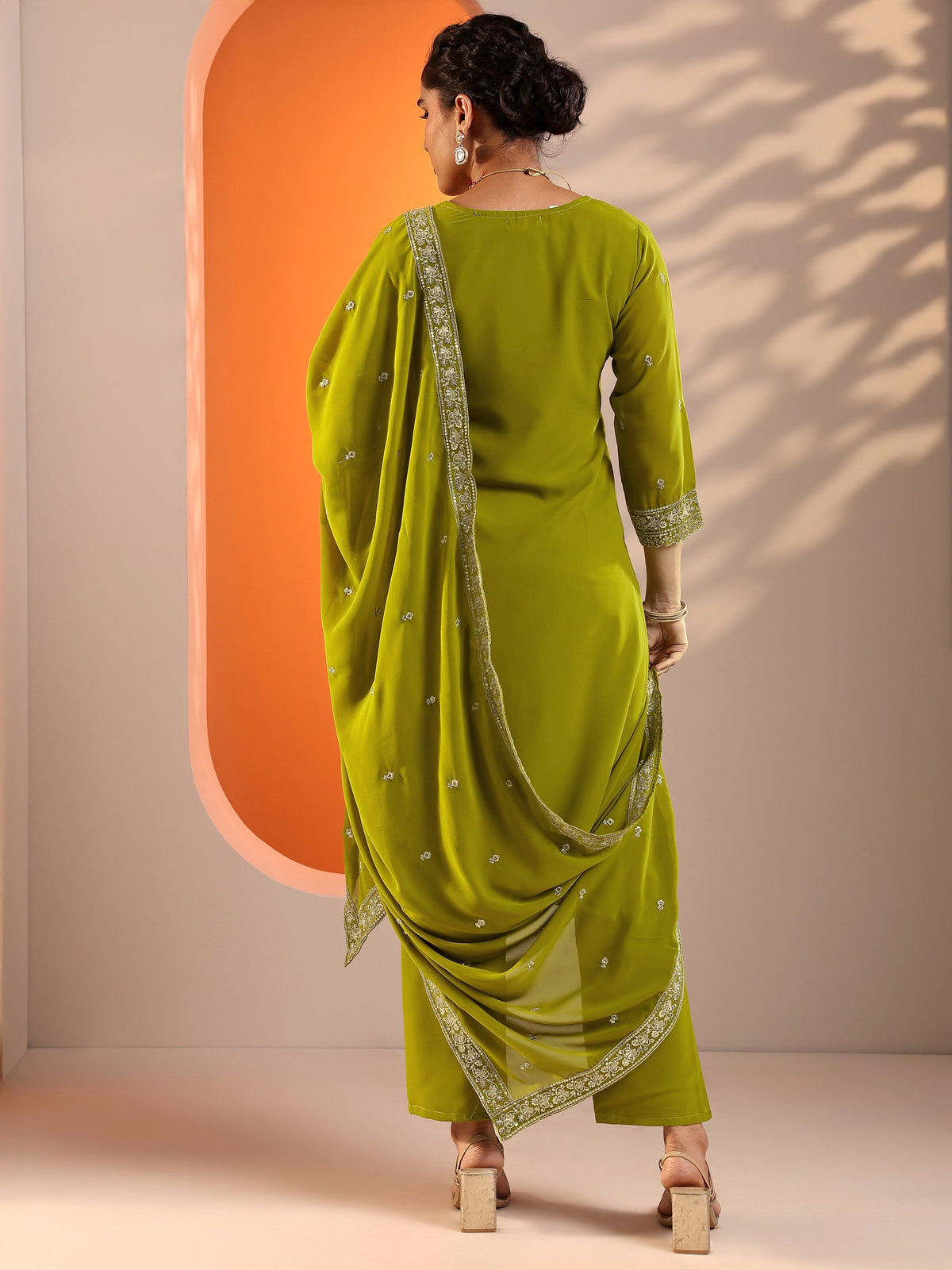 Anouk Green Embellished Georgette Straight Suit Set With Dupatta