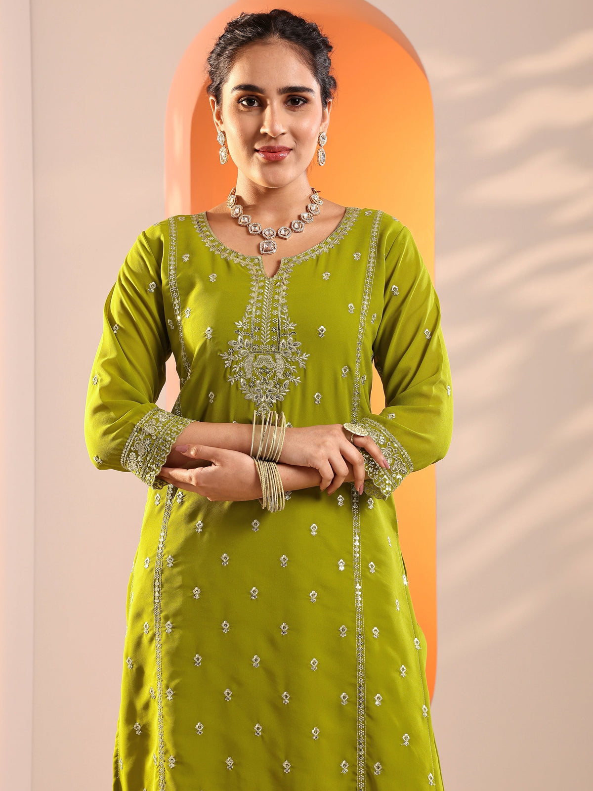 Anouk Green Embellished Georgette Straight Suit Set With Dupatta