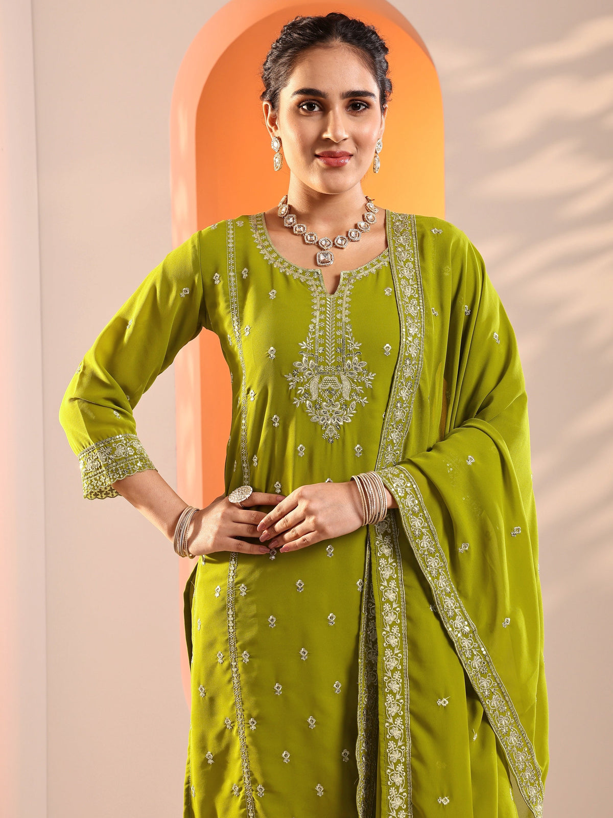 Anouk Green Embellished Georgette Straight Suit Set With Dupatta