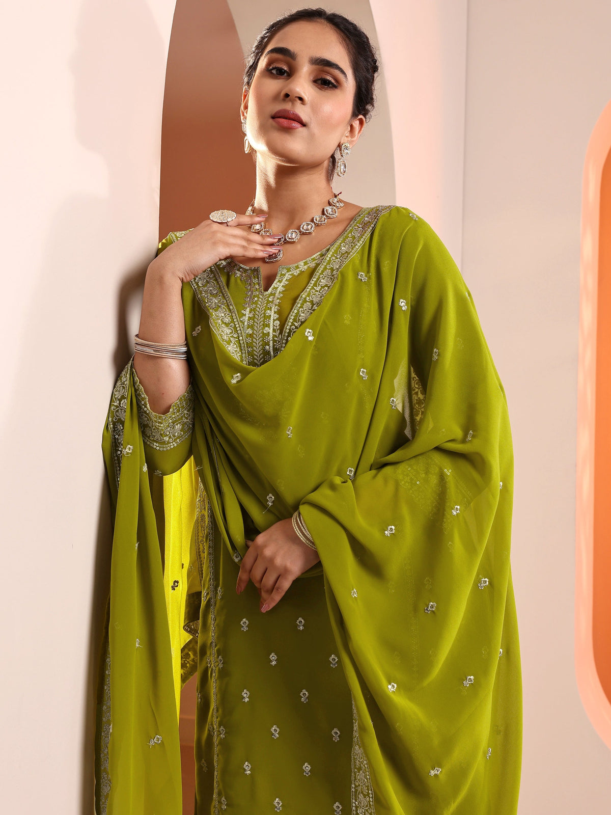 Anouk Green Embellished Georgette Straight Suit Set With Dupatta