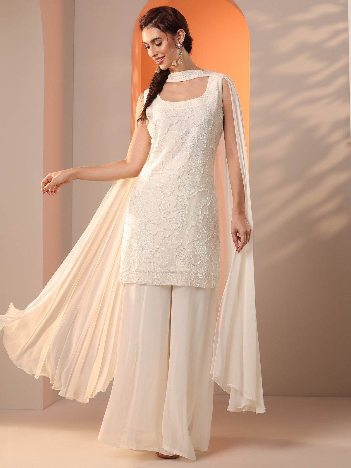 Anouk White Embellished Georgette Straight Suit Set With Dupatta