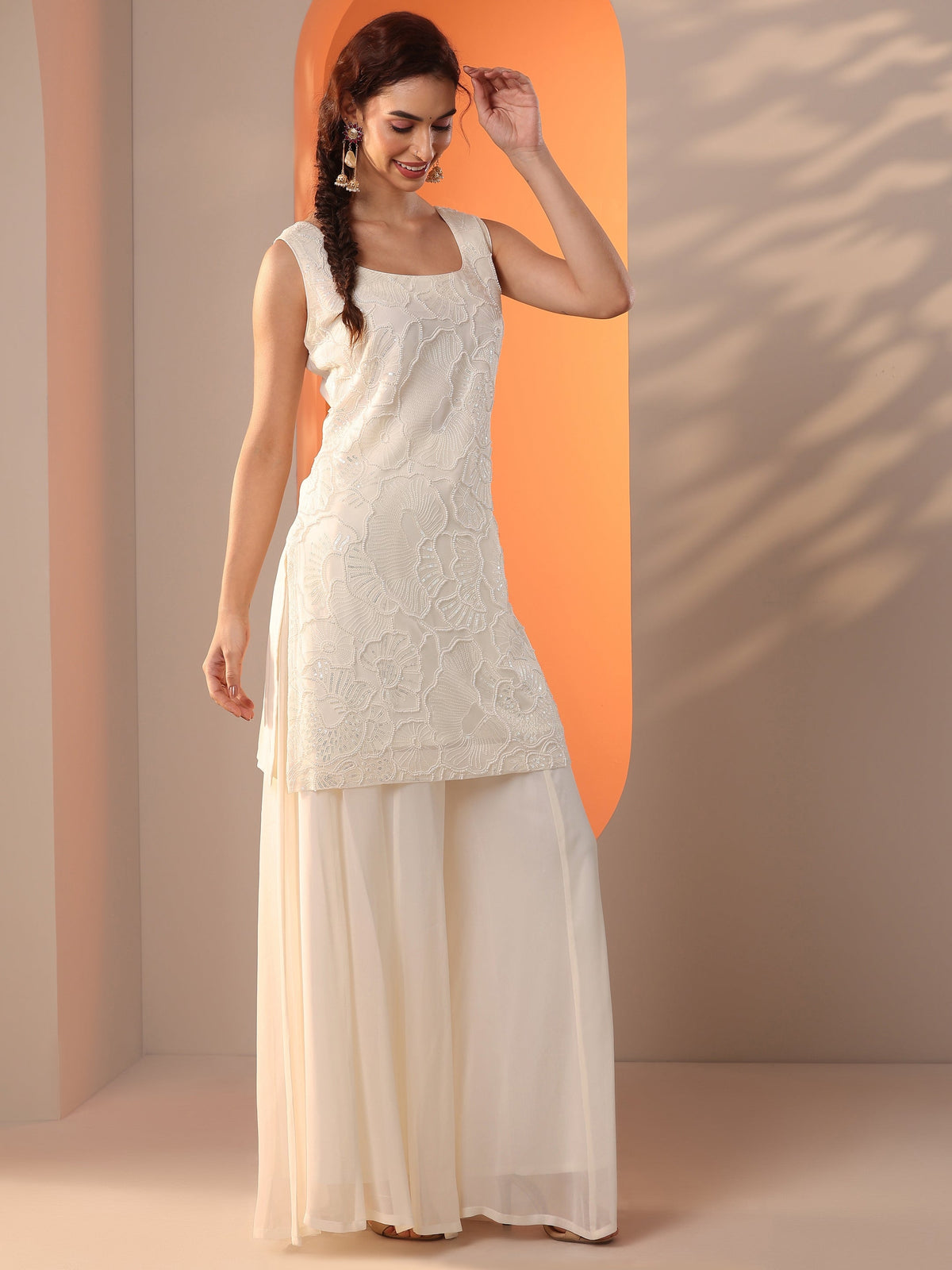 Anouk White Embellished Georgette Straight Suit Set With Dupatta