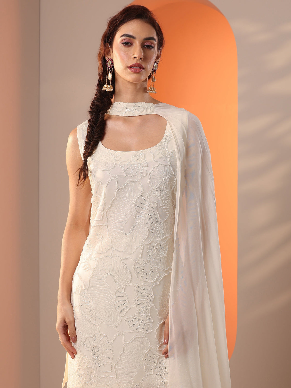 Anouk White Embellished Georgette Straight Suit Set With Dupatta