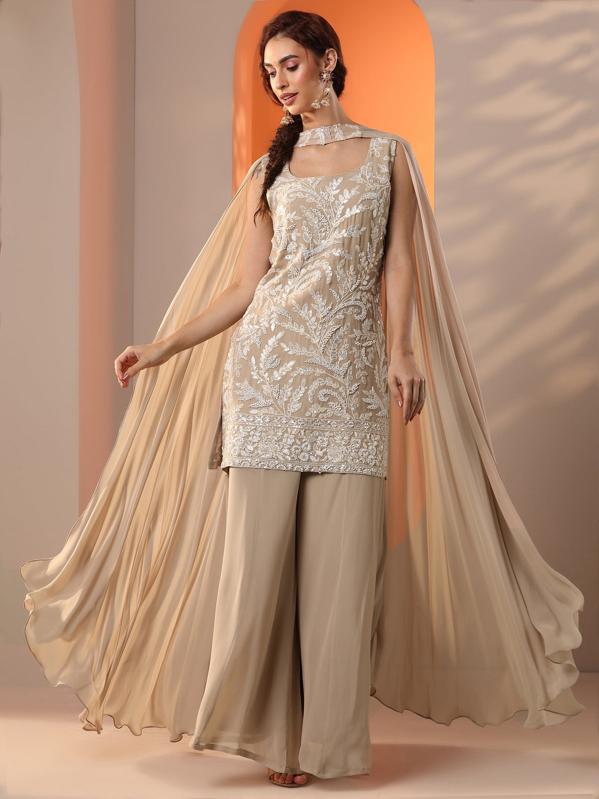 Anouk Tan Embellished Georgette Straight Suit Set With Dupatta