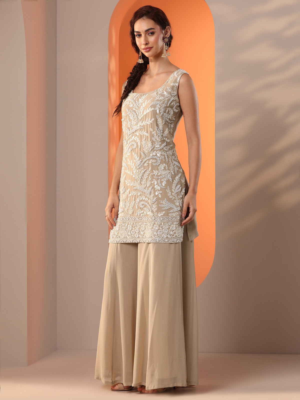 Anouk Tan Embellished Georgette Straight Suit Set With Dupatta