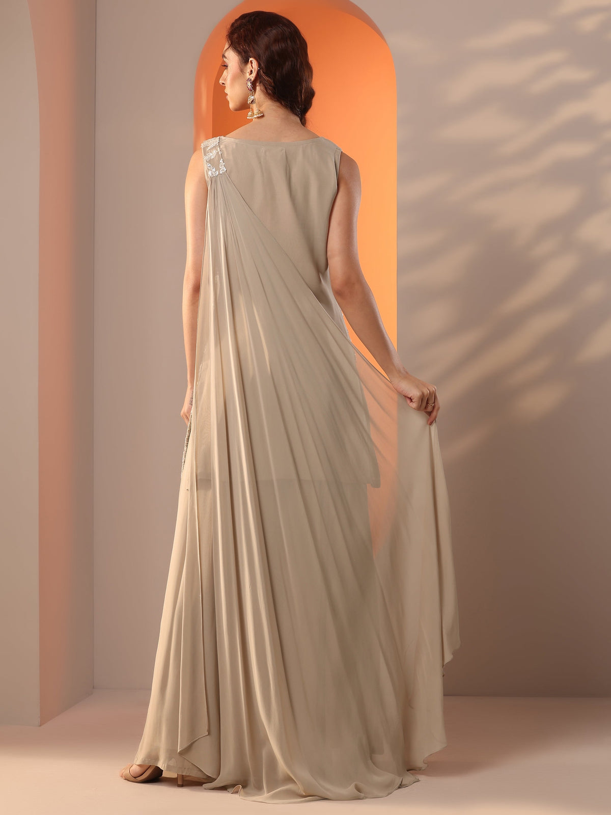 Anouk Tan Embellished Georgette Straight Suit Set With Dupatta