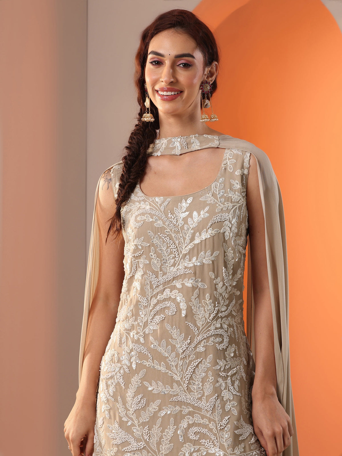 Anouk Tan Embellished Georgette Straight Suit Set With Dupatta