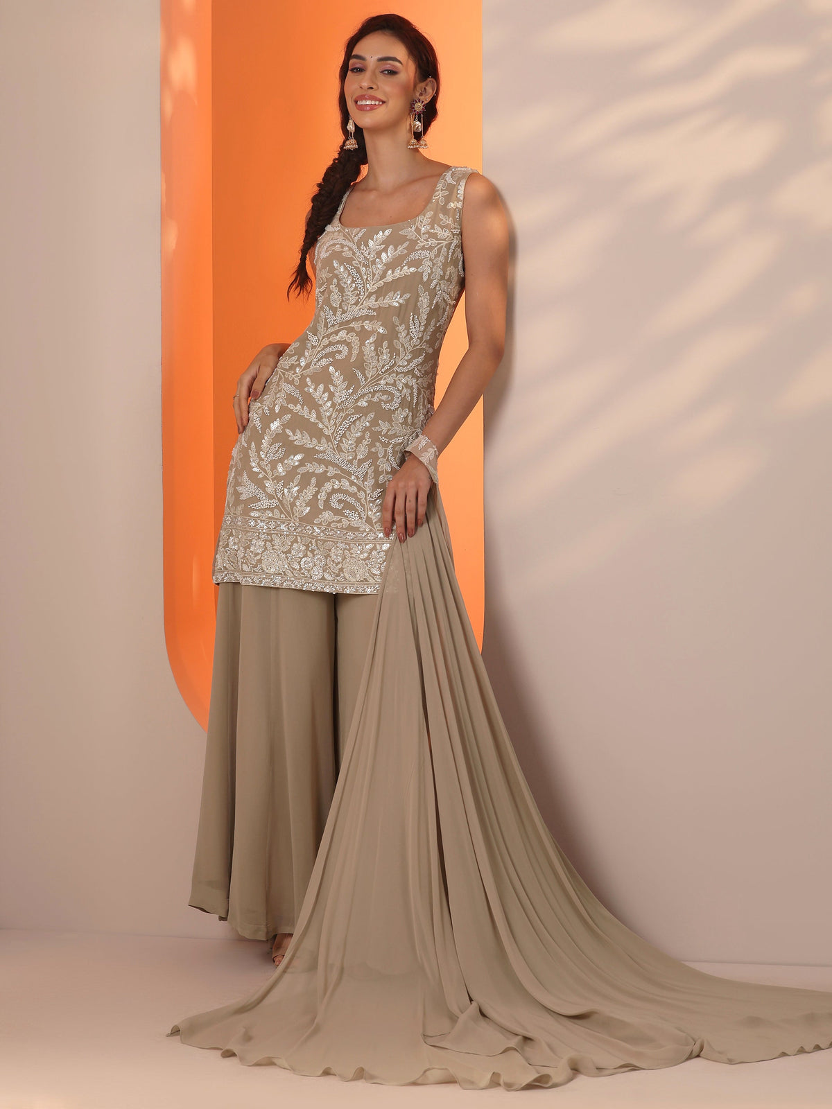 Anouk Tan Embellished Georgette Straight Suit Set With Dupatta