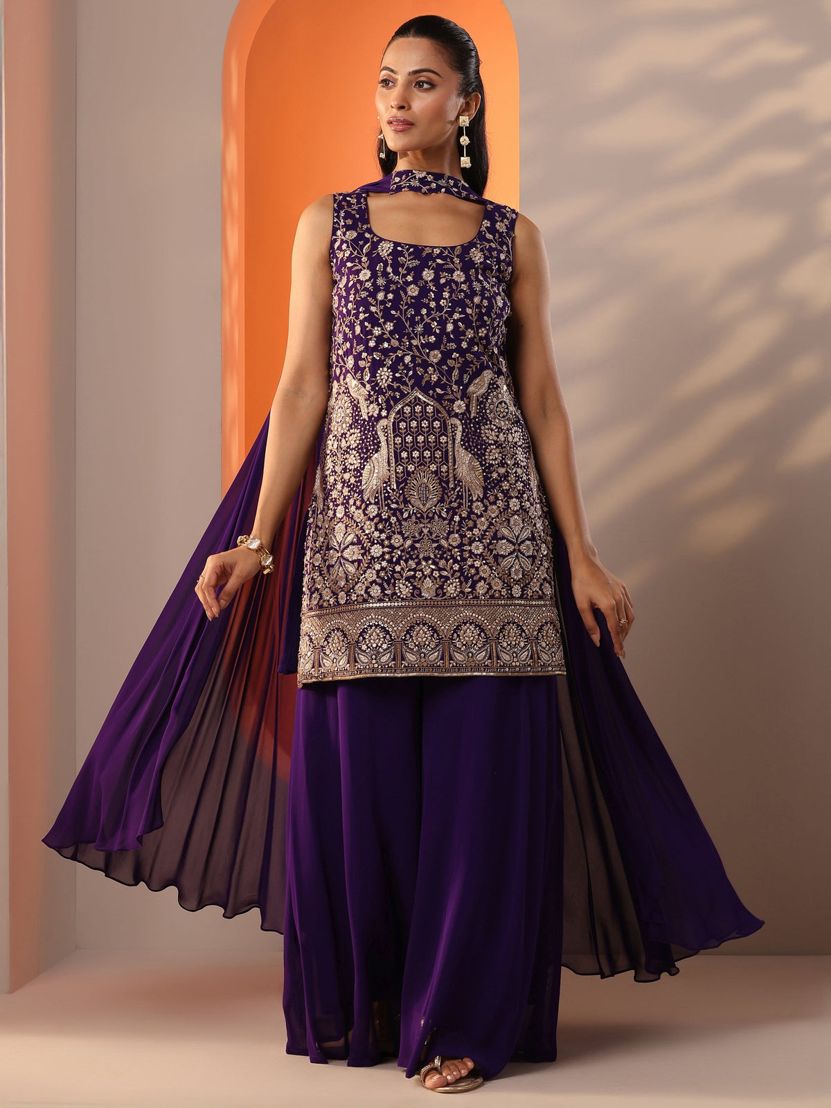 Anouk Burgundy Embellished Georgette Straight Suit Set With Dupatta