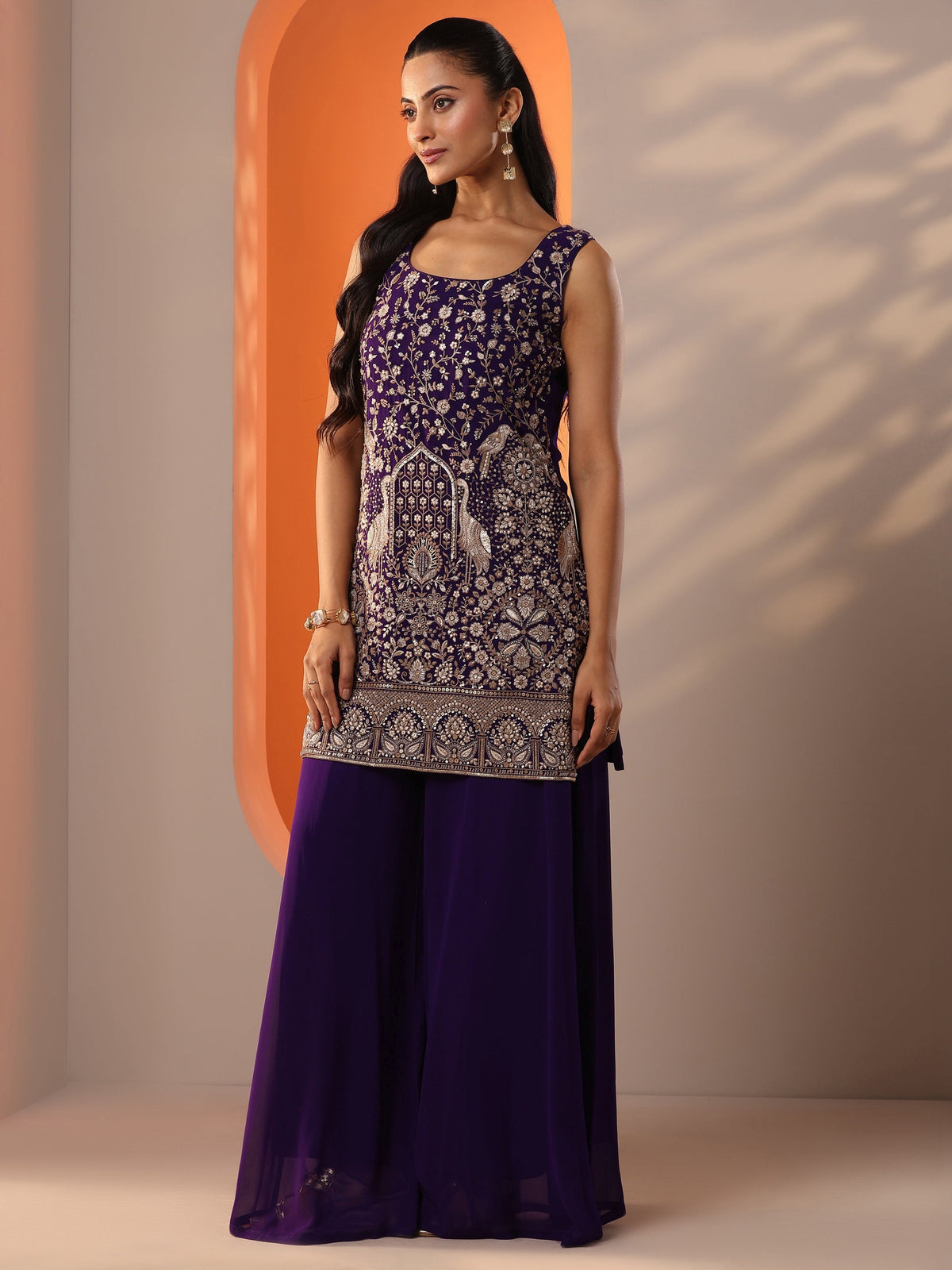 Anouk Burgundy Embellished Georgette Straight Suit Set With Dupatta