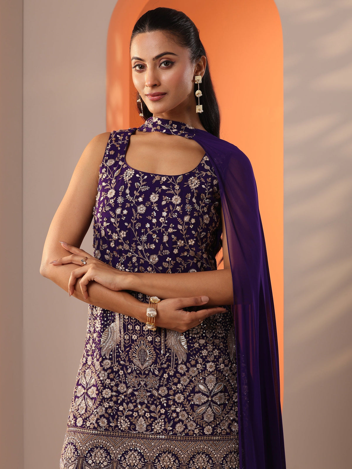 Anouk Burgundy Embellished Georgette Straight Suit Set With Dupatta