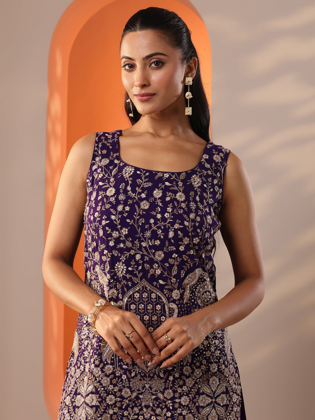Anouk Burgundy Embellished Georgette Straight Suit Set With Dupatta