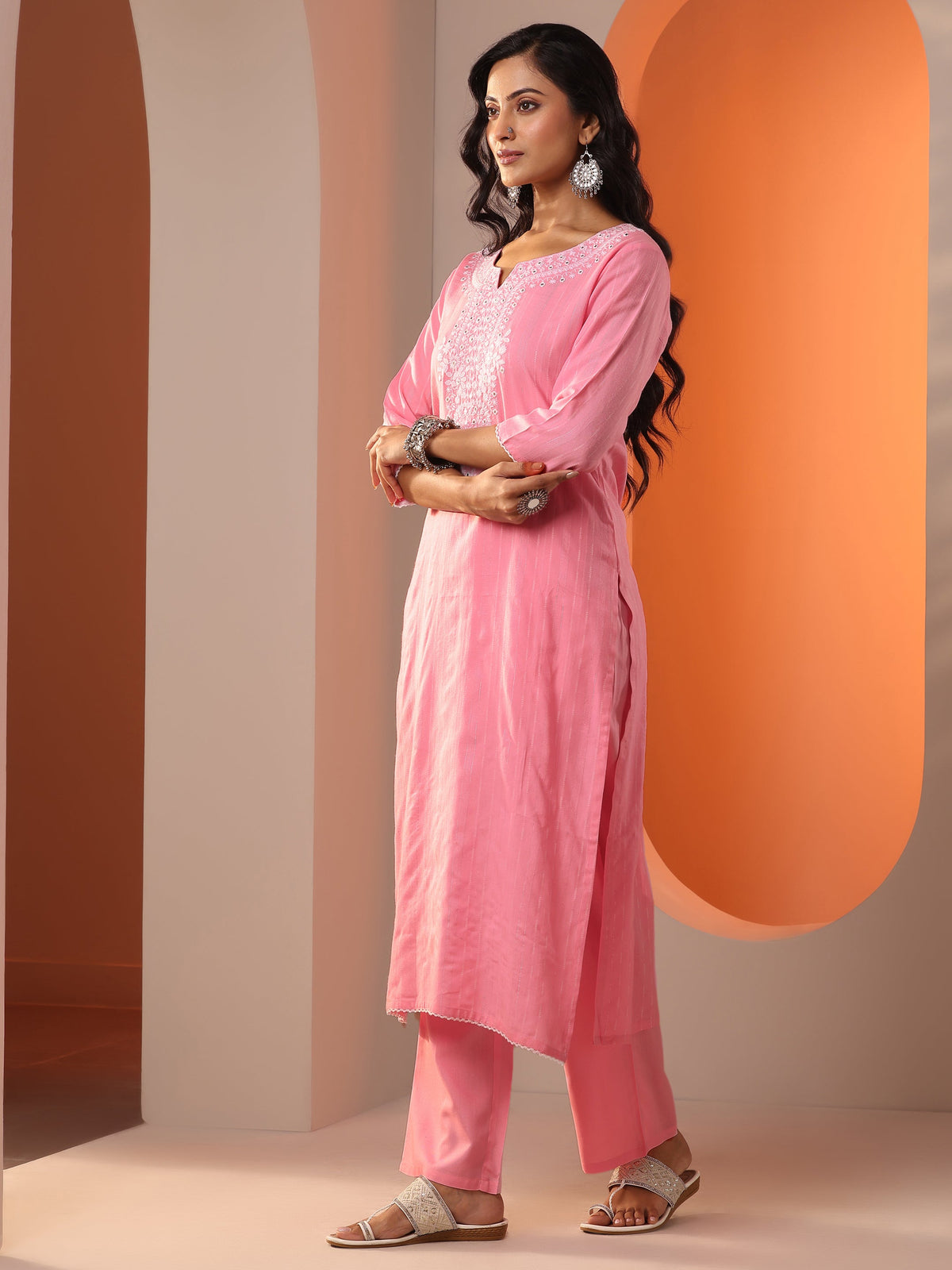 Anouk Peach Embroidered Cotton Straight Suit Set With Dupatta