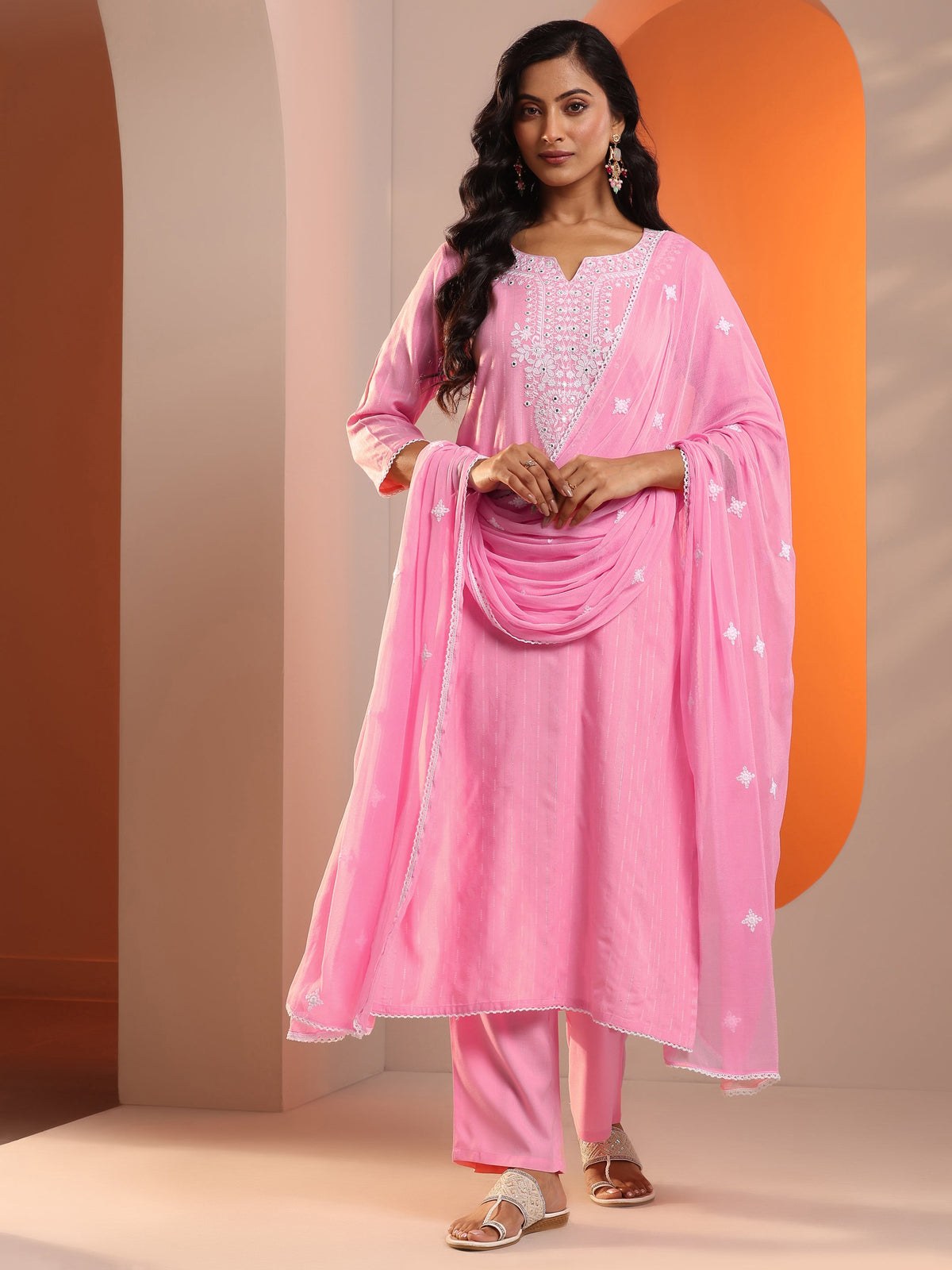 Anouk Pink Embroidered Cotton Straight Suit Set With Dupatta