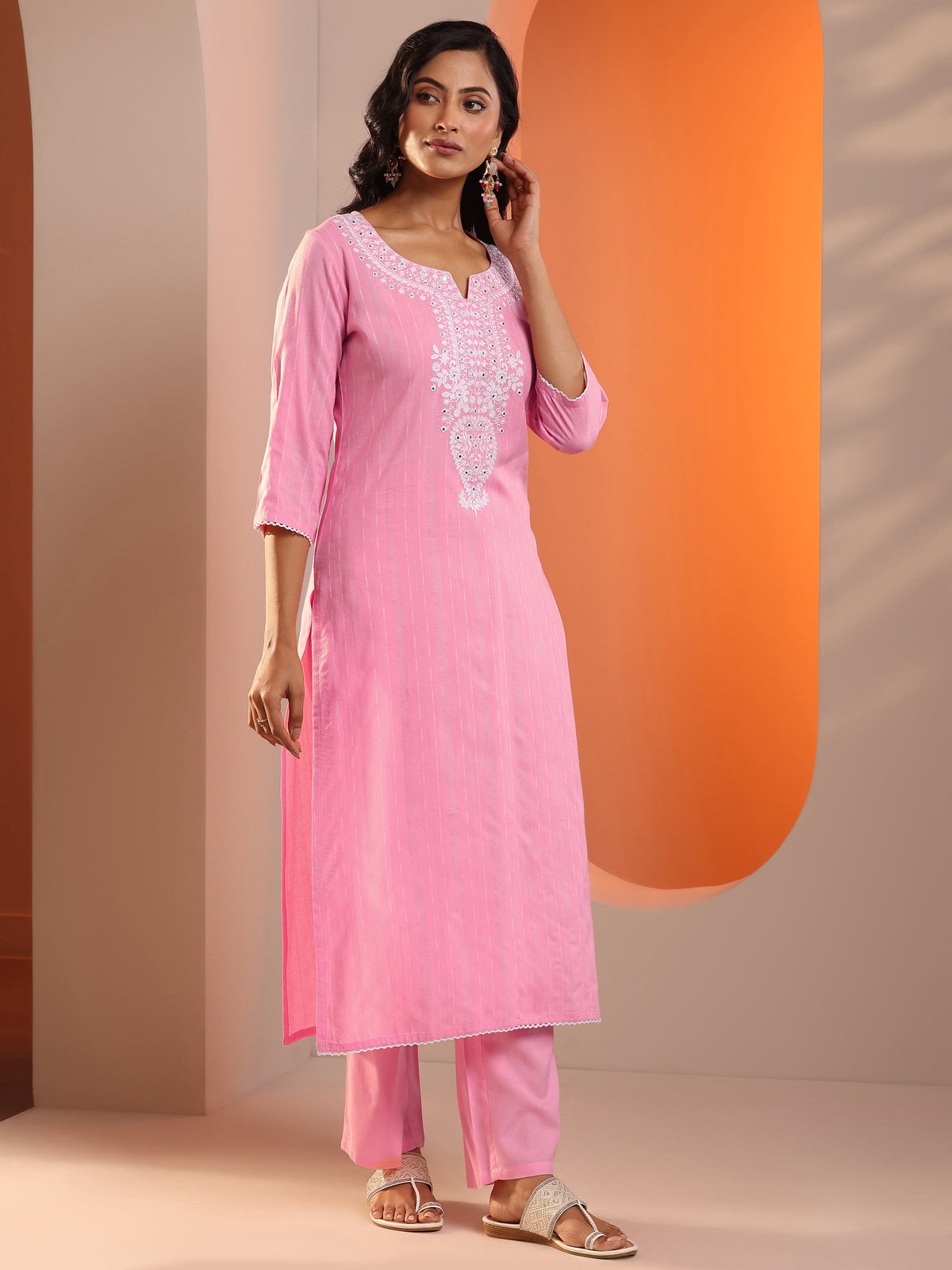 Anouk Pink Embroidered Cotton Straight Suit Set With Dupatta