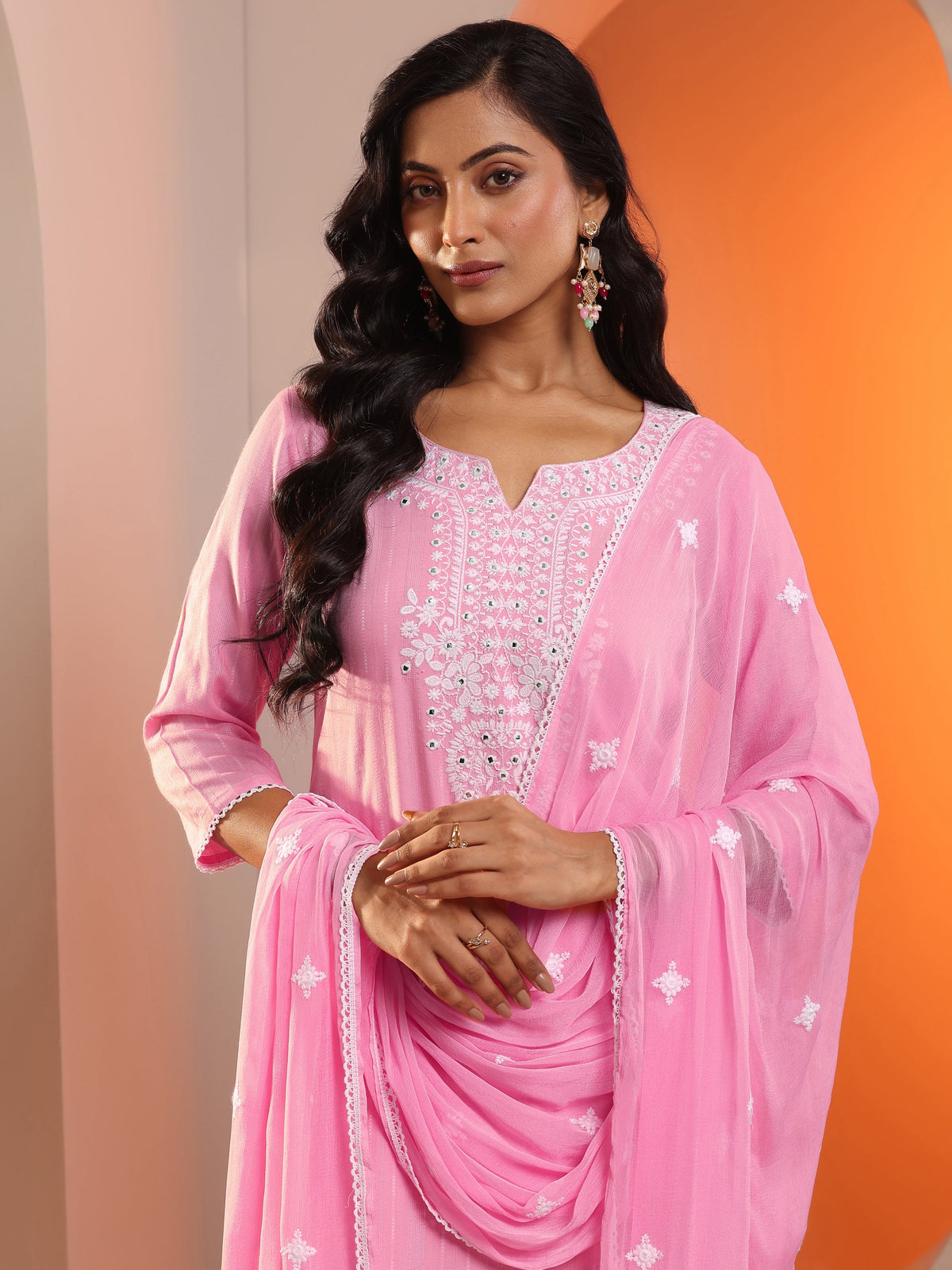 Anouk Pink Embroidered Cotton Straight Suit Set With Dupatta